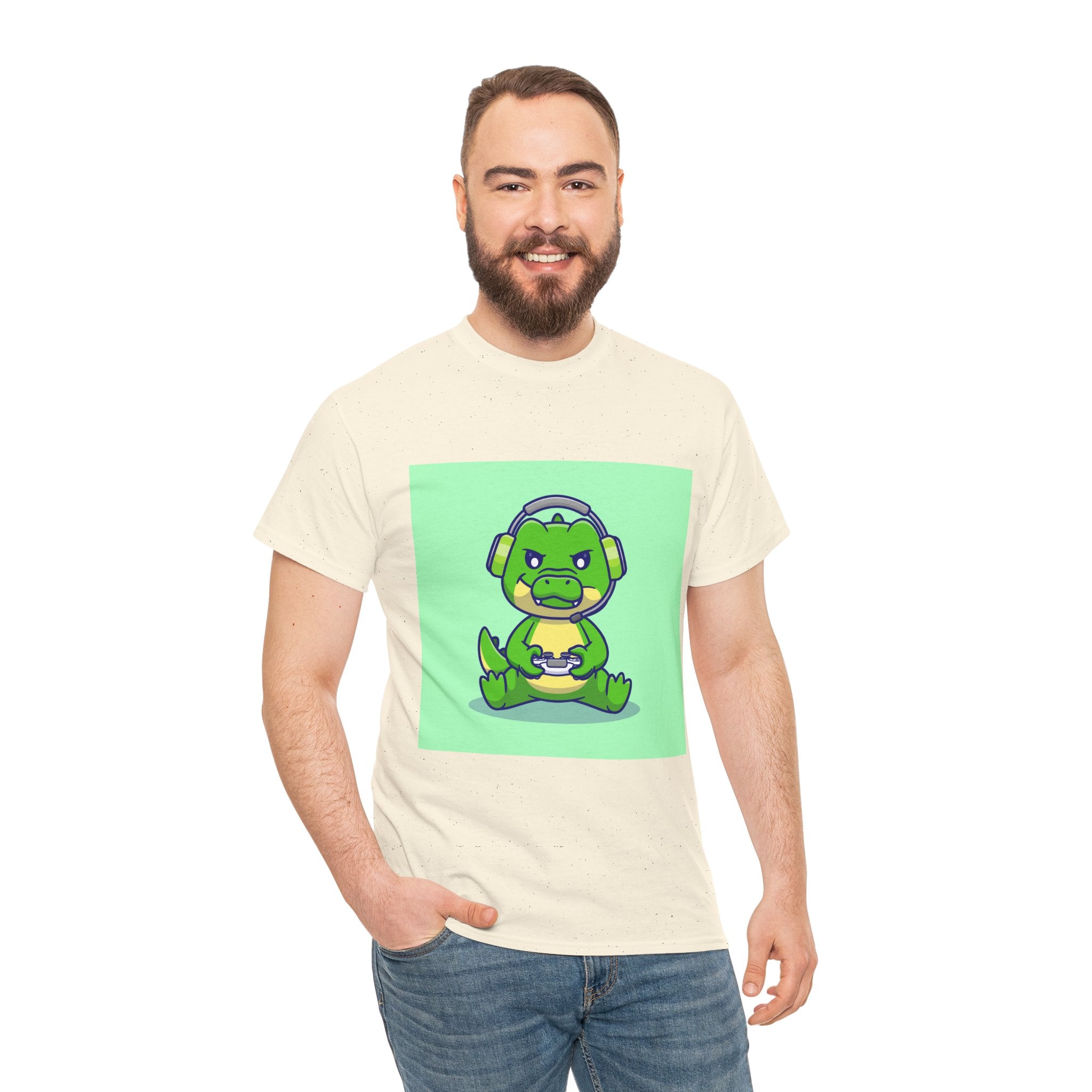 Cute Gamer Dinosaur Unisex Heavy Cotton Tee, Gaming Shirt, Funny Tee, Gift for Gamers, Cartoon T-Shirt, Casual Wear