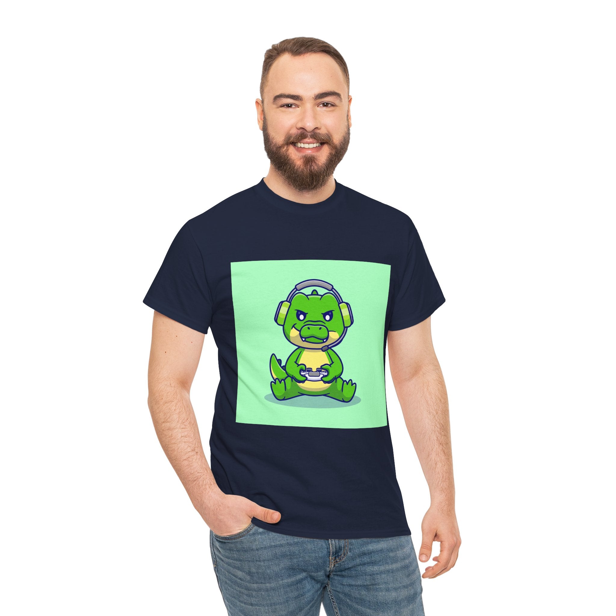 Cute Gamer Dinosaur Unisex Heavy Cotton Tee, Gaming Shirt, Funny Tee, Gift for Gamers, Cartoon T-Shirt, Casual Wear