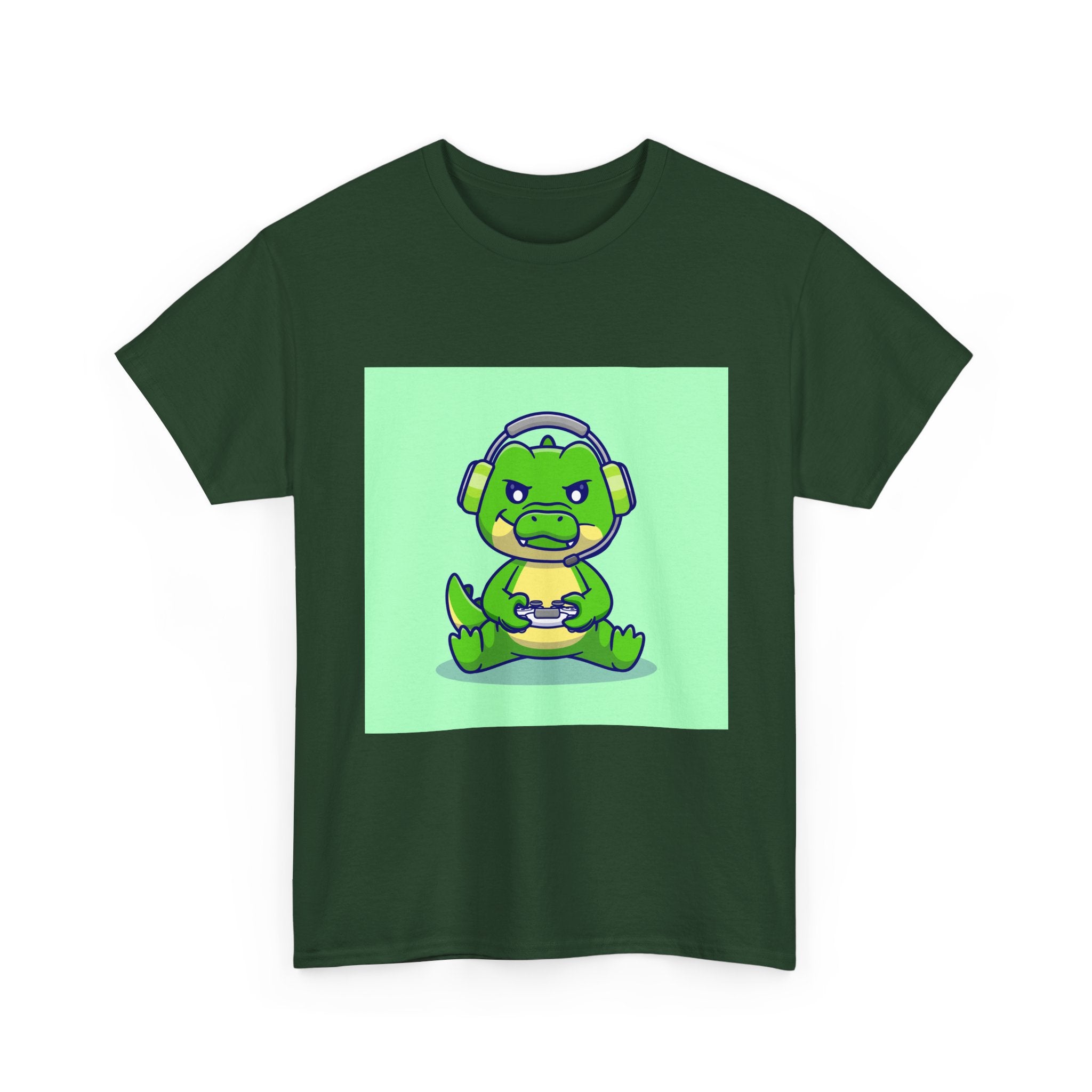 Cute Gamer Dinosaur Unisex Heavy Cotton Tee, Gaming Shirt, Funny Tee, Gift for Gamers, Cartoon T-Shirt, Casual Wear