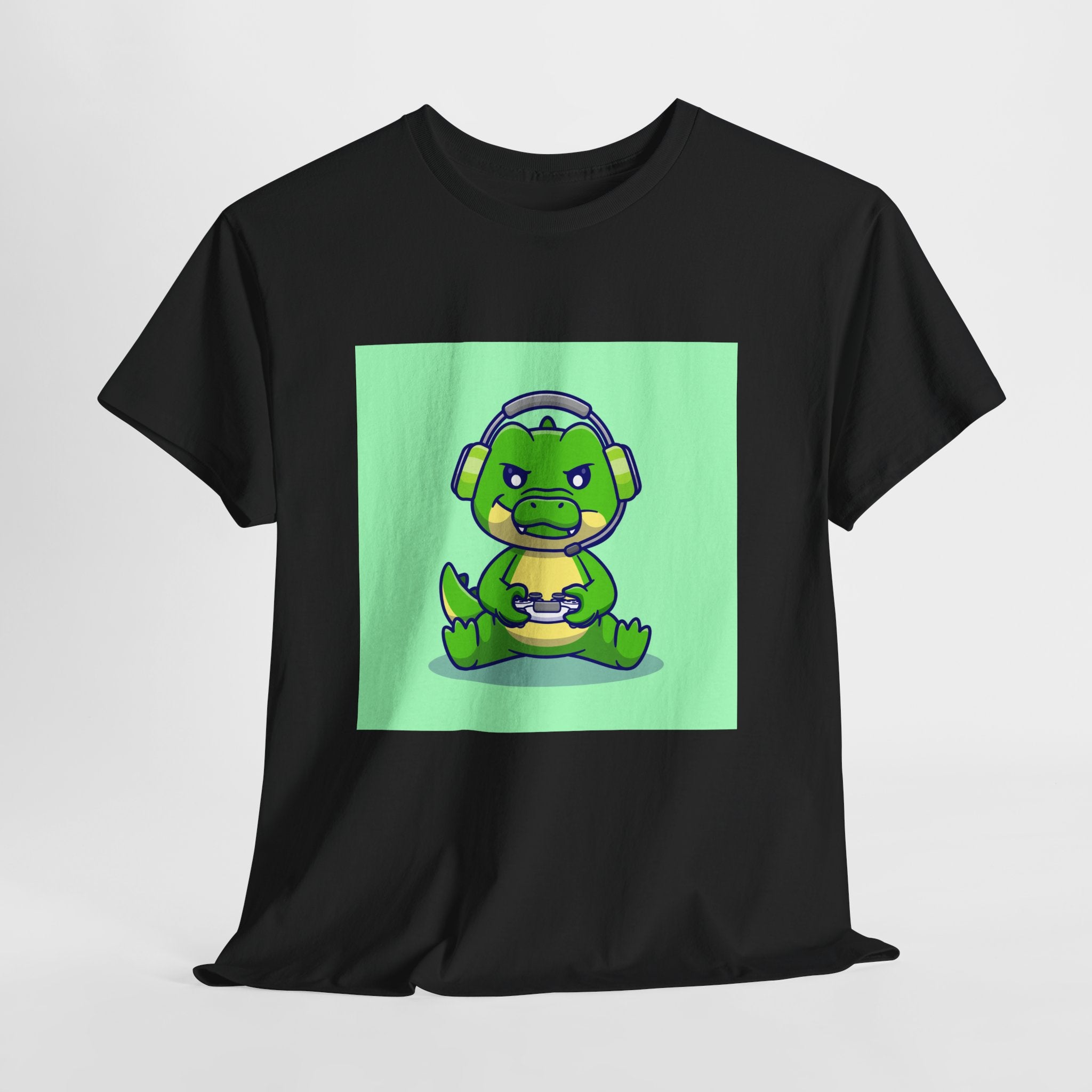 Cute Gamer Dinosaur Unisex Heavy Cotton Tee, Gaming Shirt, Funny Tee, Gift for Gamers, Cartoon T-Shirt, Casual Wear