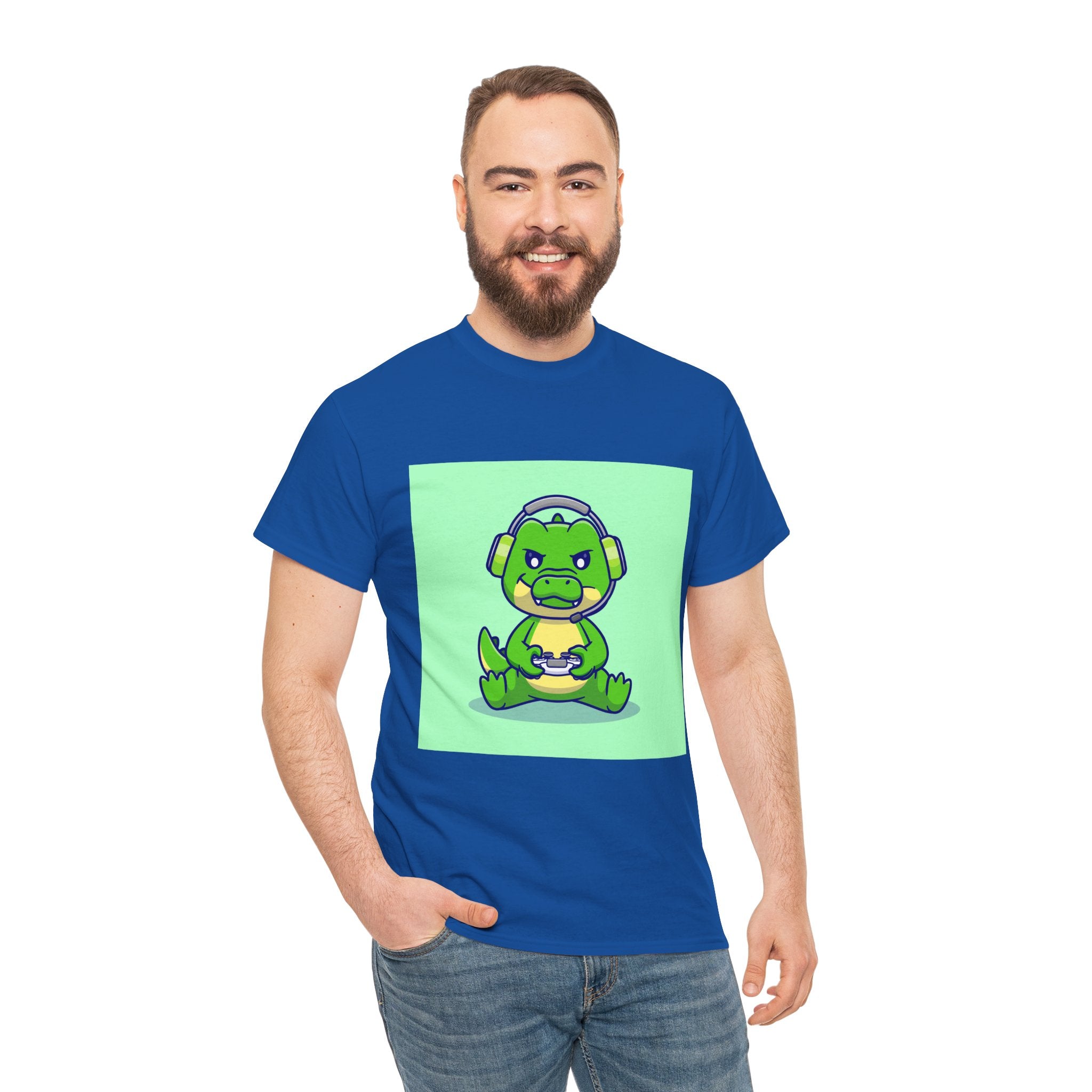 Cute Gamer Dinosaur Unisex Heavy Cotton Tee, Gaming Shirt, Funny Tee, Gift for Gamers, Cartoon T-Shirt, Casual Wear