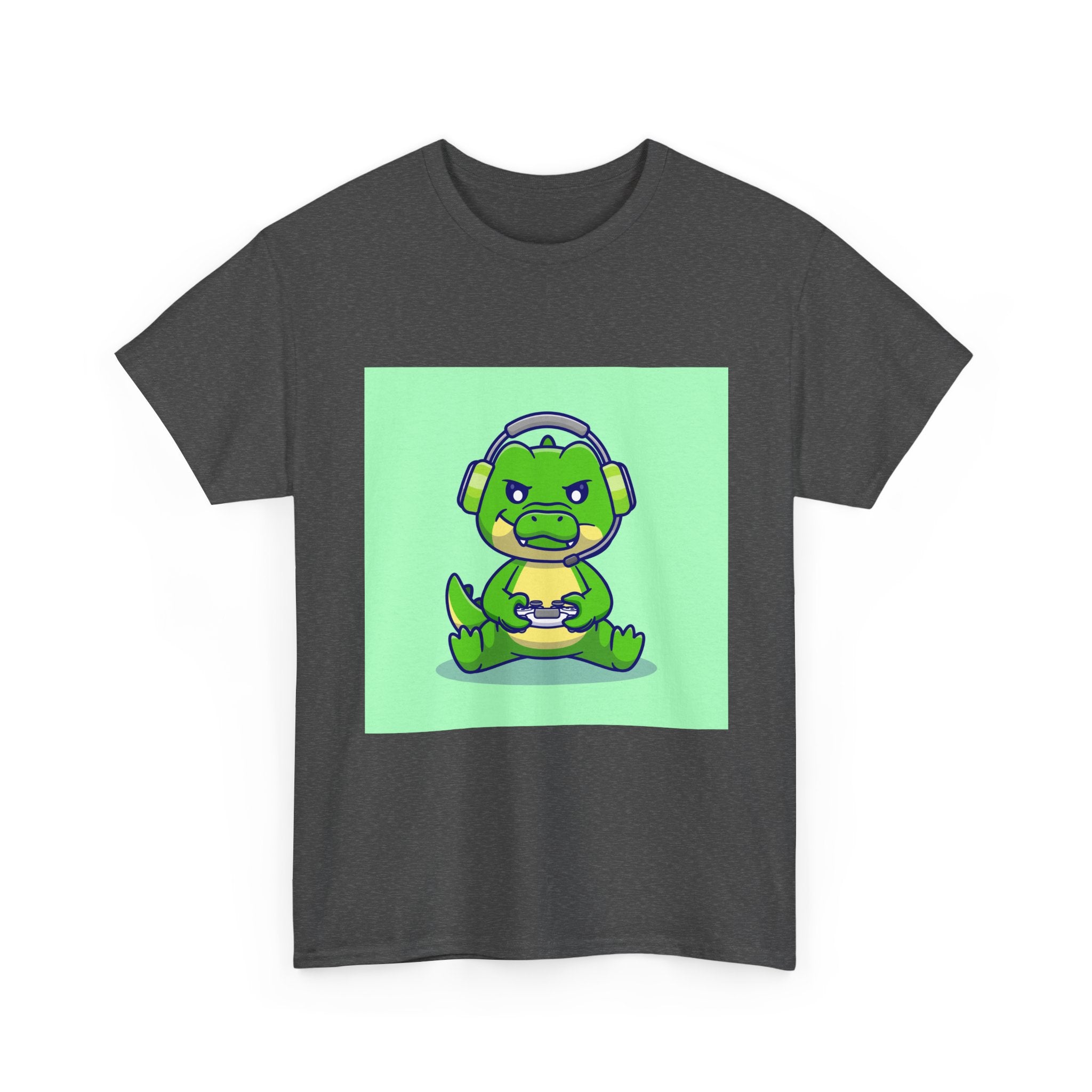 Cute Gamer Dinosaur Unisex Heavy Cotton Tee, Gaming Shirt, Funny Tee, Gift for Gamers, Cartoon T-Shirt, Casual Wear