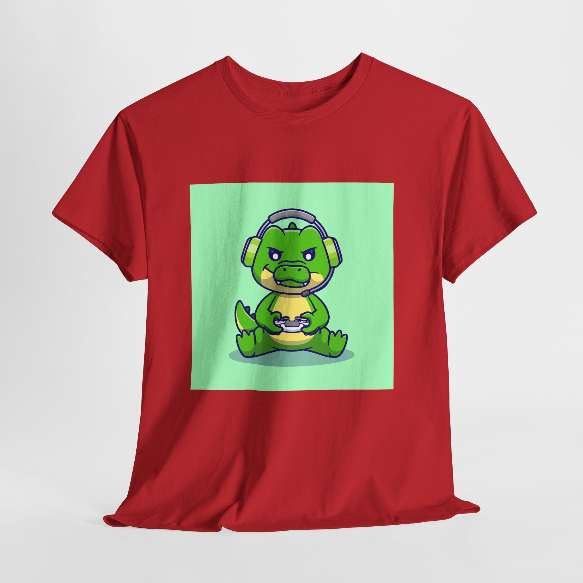 Cute Gamer Dinosaur Unisex Heavy Cotton Tee, Gaming Shirt, Funny Tee, Gift for Gamers, Cartoon T-Shirt, Casual Wear