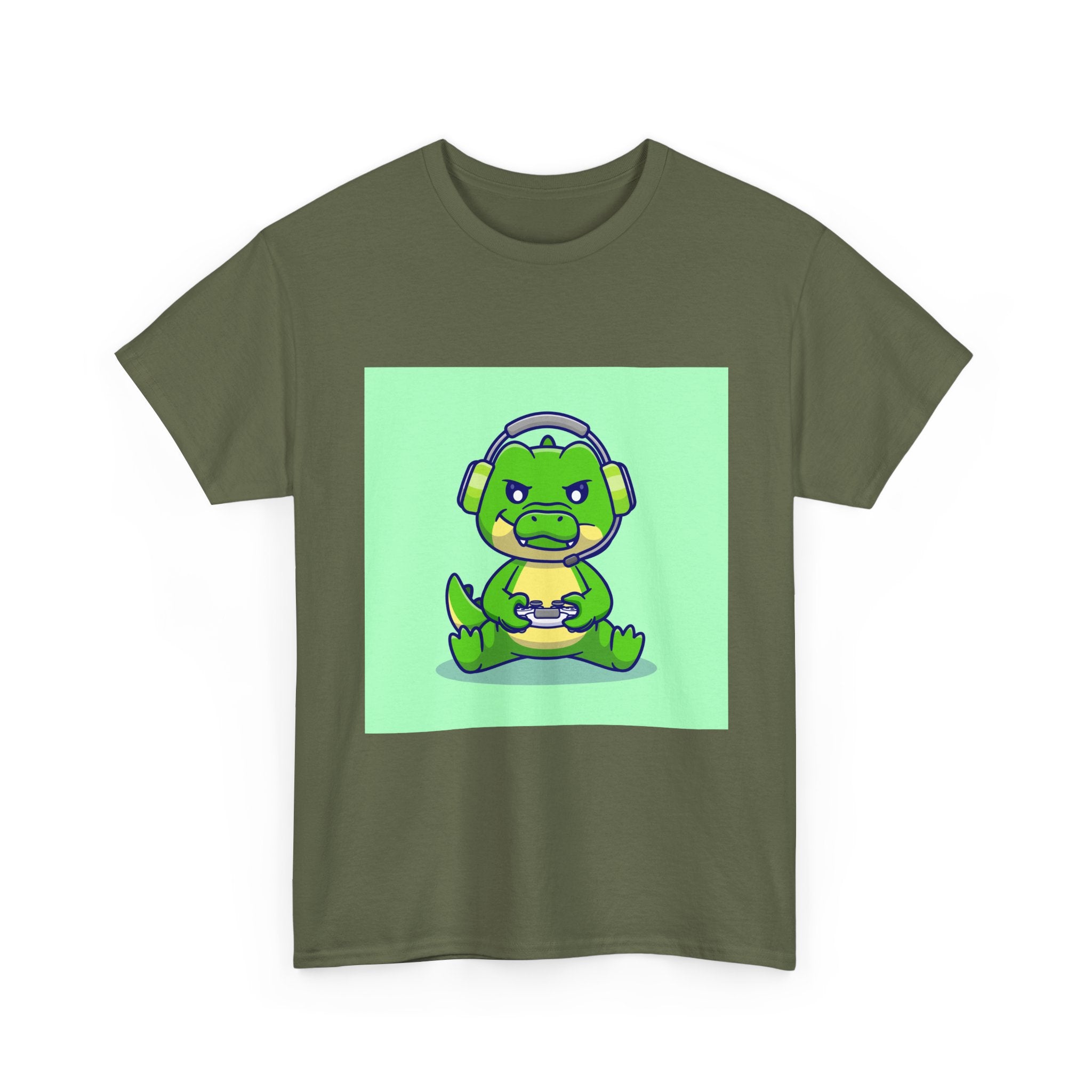 Cute Gamer Dinosaur Unisex Heavy Cotton Tee, Gaming Shirt, Funny Tee, Gift for Gamers, Cartoon T-Shirt, Casual Wear