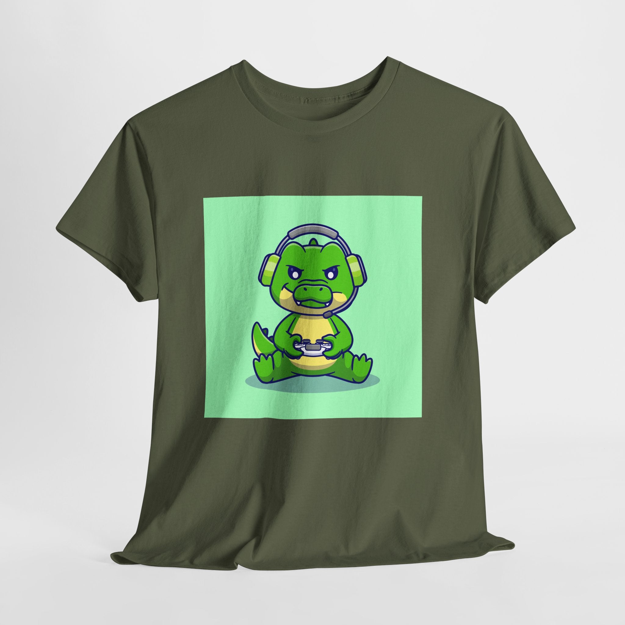 Cute Gamer Dinosaur Unisex Heavy Cotton Tee, Gaming Shirt, Funny Tee, Gift for Gamers, Cartoon T-Shirt, Casual Wear