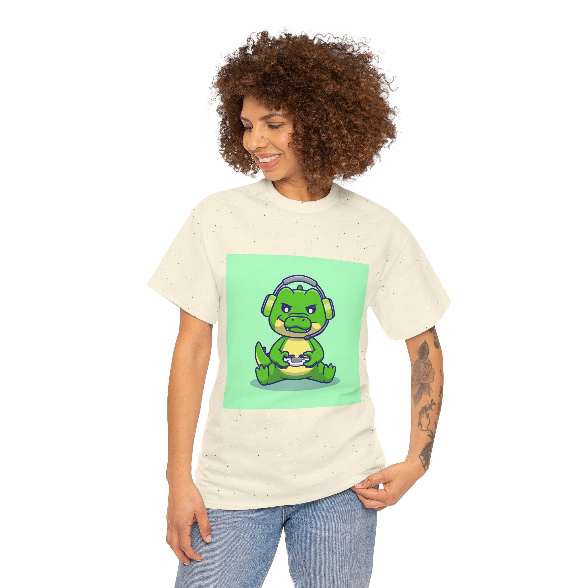 Cute Gamer Dinosaur Unisex Heavy Cotton Tee, Gaming Shirt, Funny Tee, Gift for Gamers, Cartoon T-Shirt, Casual Wear