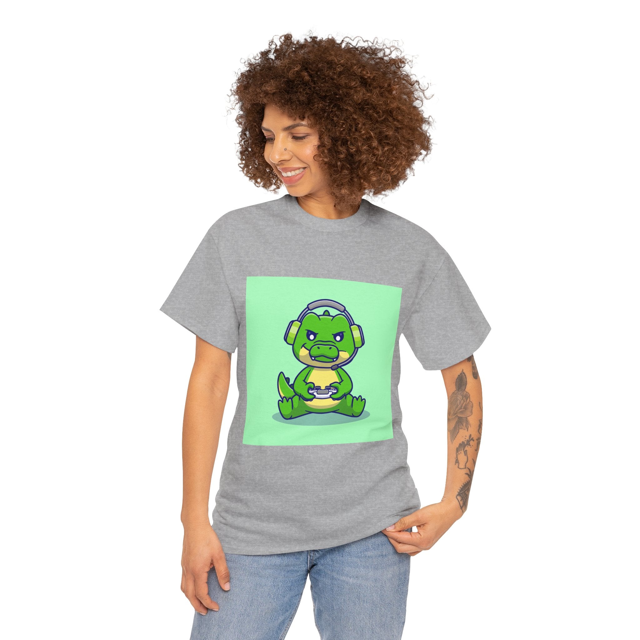 Cute Gamer Dinosaur Unisex Heavy Cotton Tee, Gaming Shirt, Funny Tee, Gift for Gamers, Cartoon T-Shirt, Casual Wear