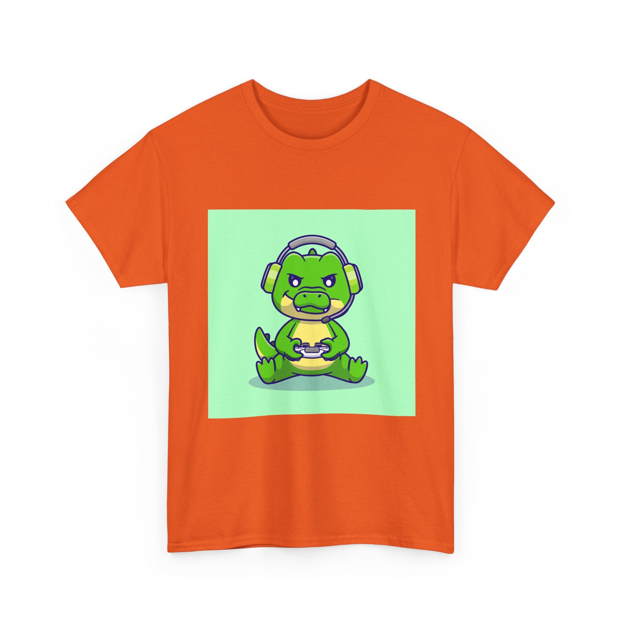 Cute Gamer Dinosaur Unisex Heavy Cotton Tee, Gaming Shirt, Funny Tee, Gift for Gamers, Cartoon T-Shirt, Casual Wear
