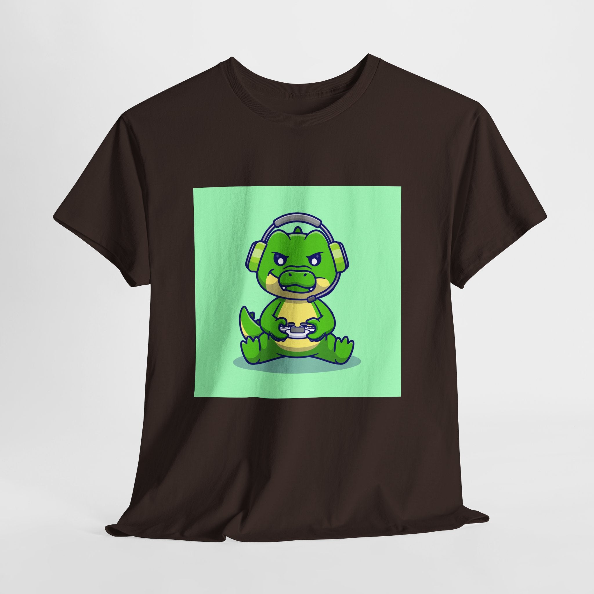 Cute Gamer Dinosaur Unisex Heavy Cotton Tee, Gaming Shirt, Funny Tee, Gift for Gamers, Cartoon T-Shirt, Casual Wear
