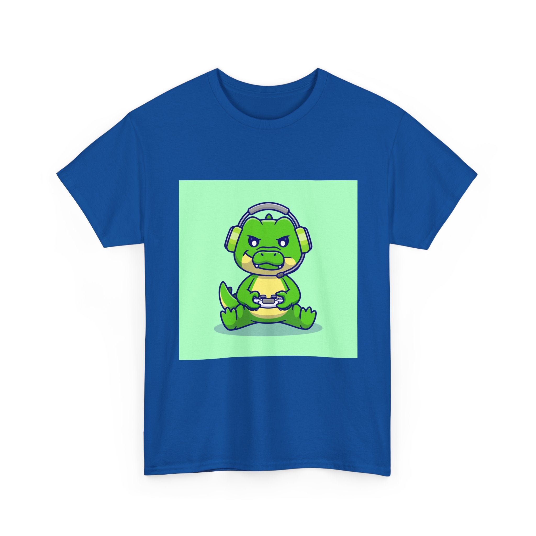 Cute Gamer Dinosaur Unisex Heavy Cotton Tee, Gaming Shirt, Funny Tee, Gift for Gamers, Cartoon T-Shirt, Casual Wear