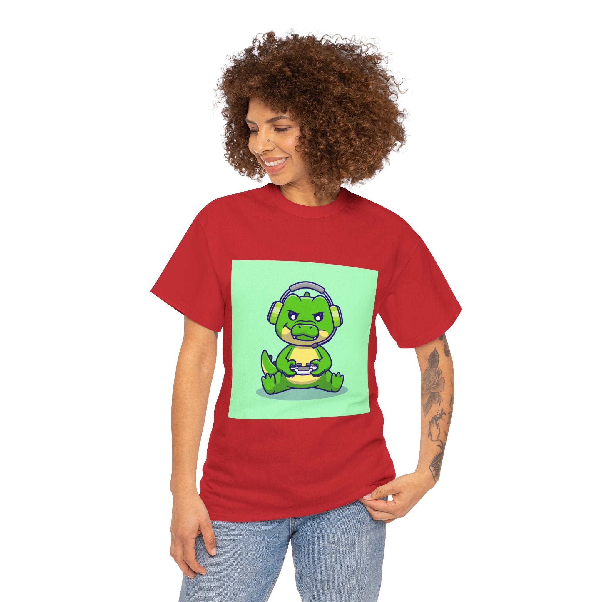 Cute Gamer Dinosaur Unisex Heavy Cotton Tee, Gaming Shirt, Funny Tee, Gift for Gamers, Cartoon T-Shirt, Casual Wear