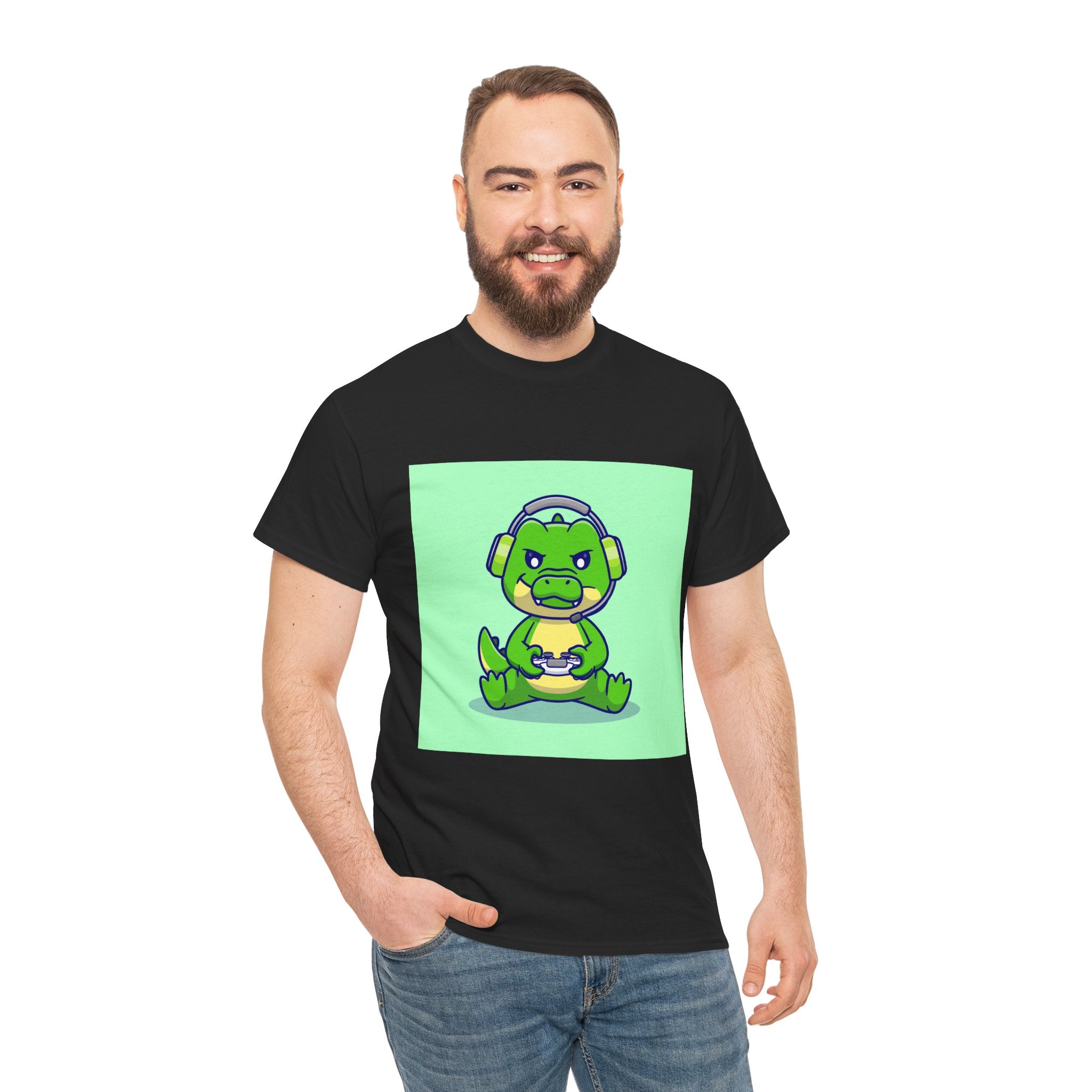 Cute Gamer Dinosaur Unisex Heavy Cotton Tee, Gaming Shirt, Funny Tee, Gift for Gamers, Cartoon T-Shirt, Casual Wear