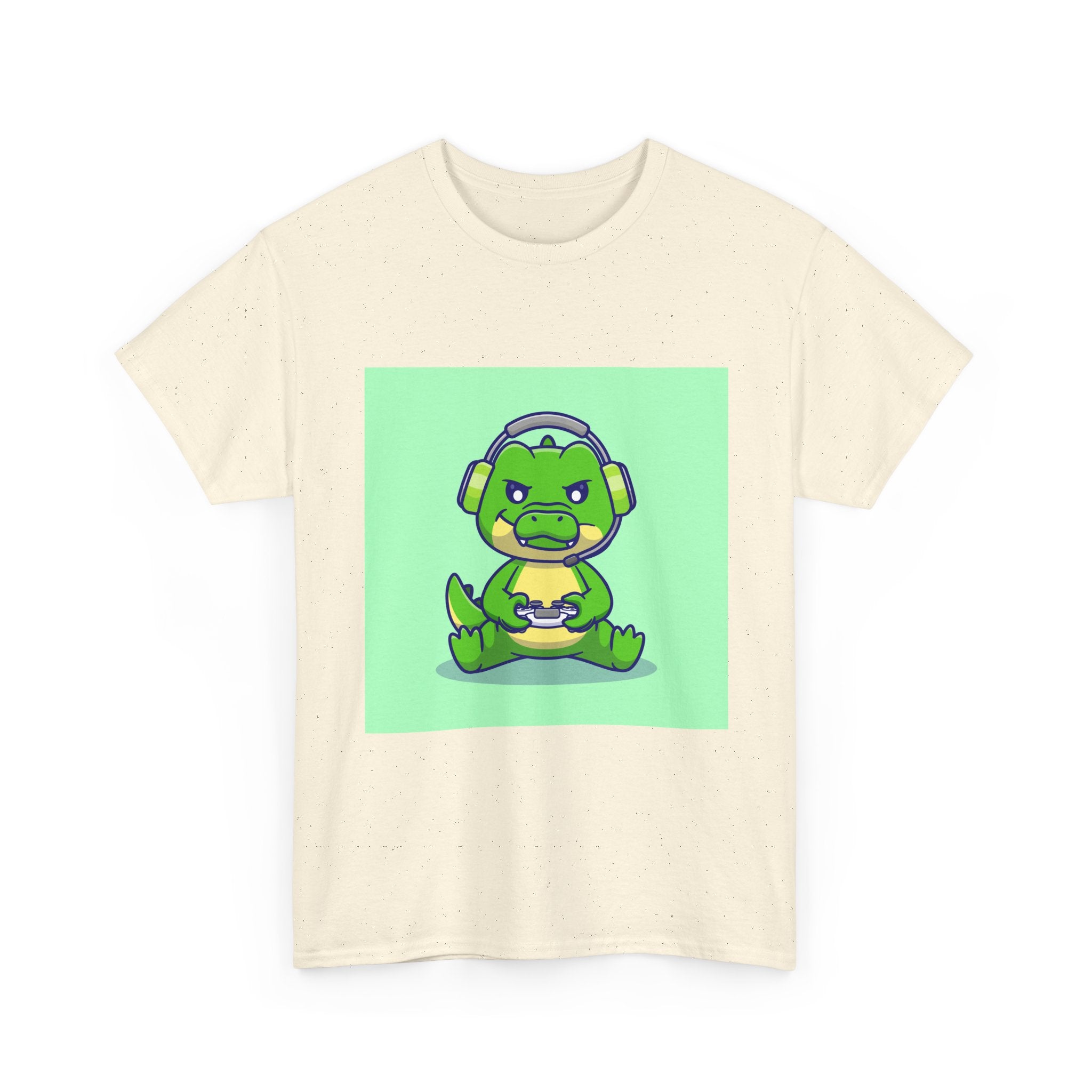 Cute Gamer Dinosaur Unisex Heavy Cotton Tee, Gaming Shirt, Funny Tee, Gift for Gamers, Cartoon T-Shirt, Casual Wear
