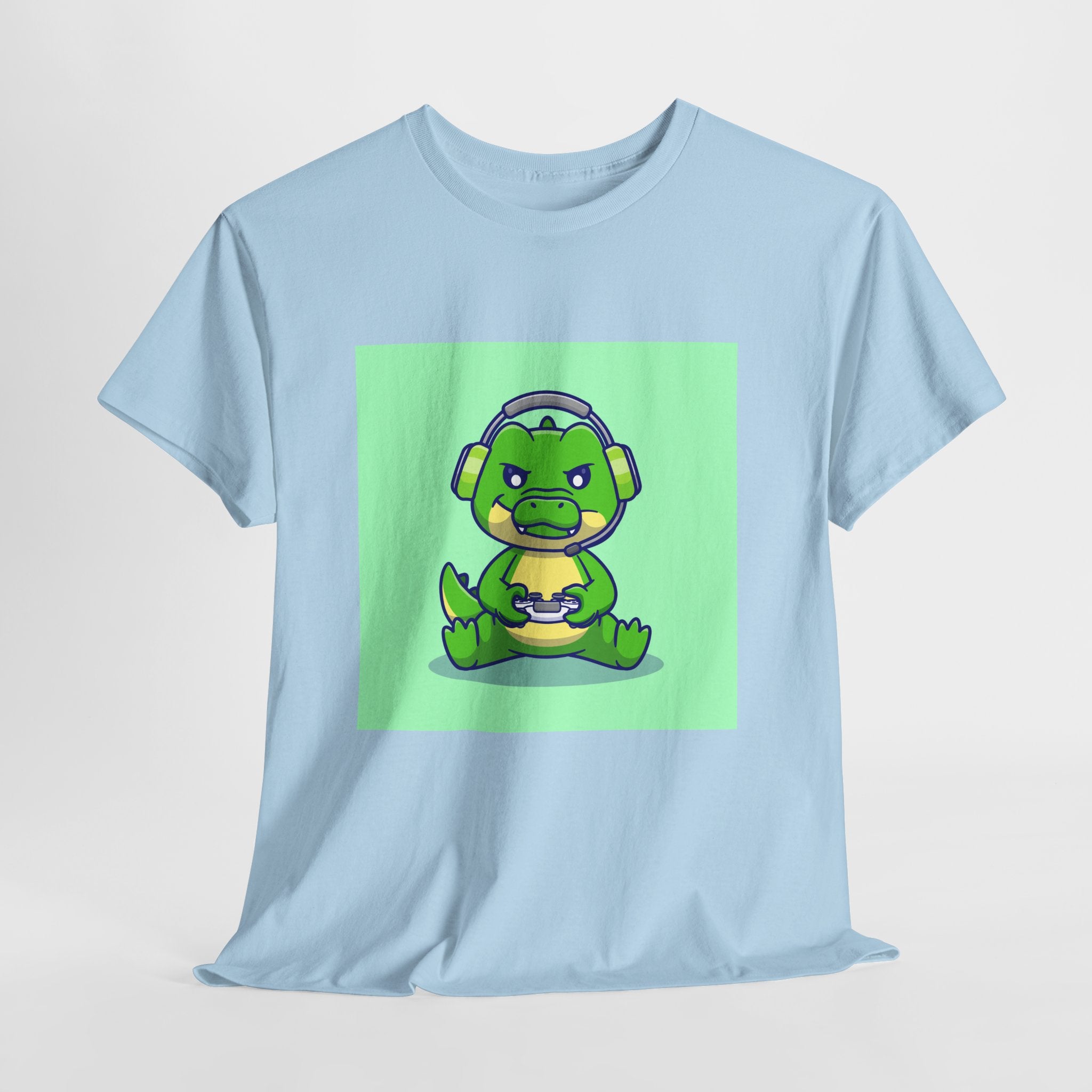 Cute Gamer Dinosaur Unisex Heavy Cotton Tee, Gaming Shirt, Funny Tee, Gift for Gamers, Cartoon T-Shirt, Casual Wear