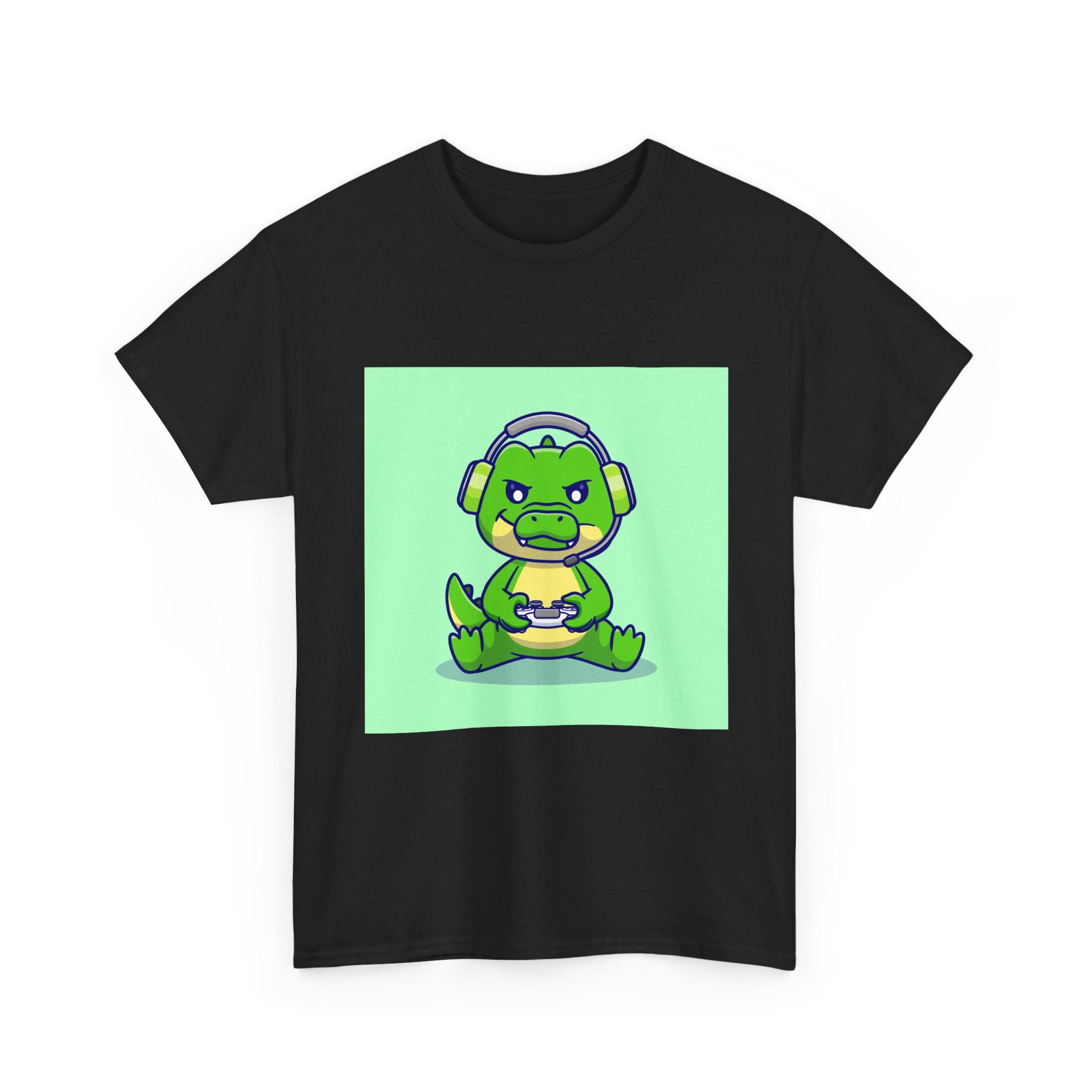 Cute Gamer Dinosaur Unisex Heavy Cotton Tee, Gaming Shirt, Funny Tee, Gift for Gamers, Cartoon T-Shirt, Casual Wear