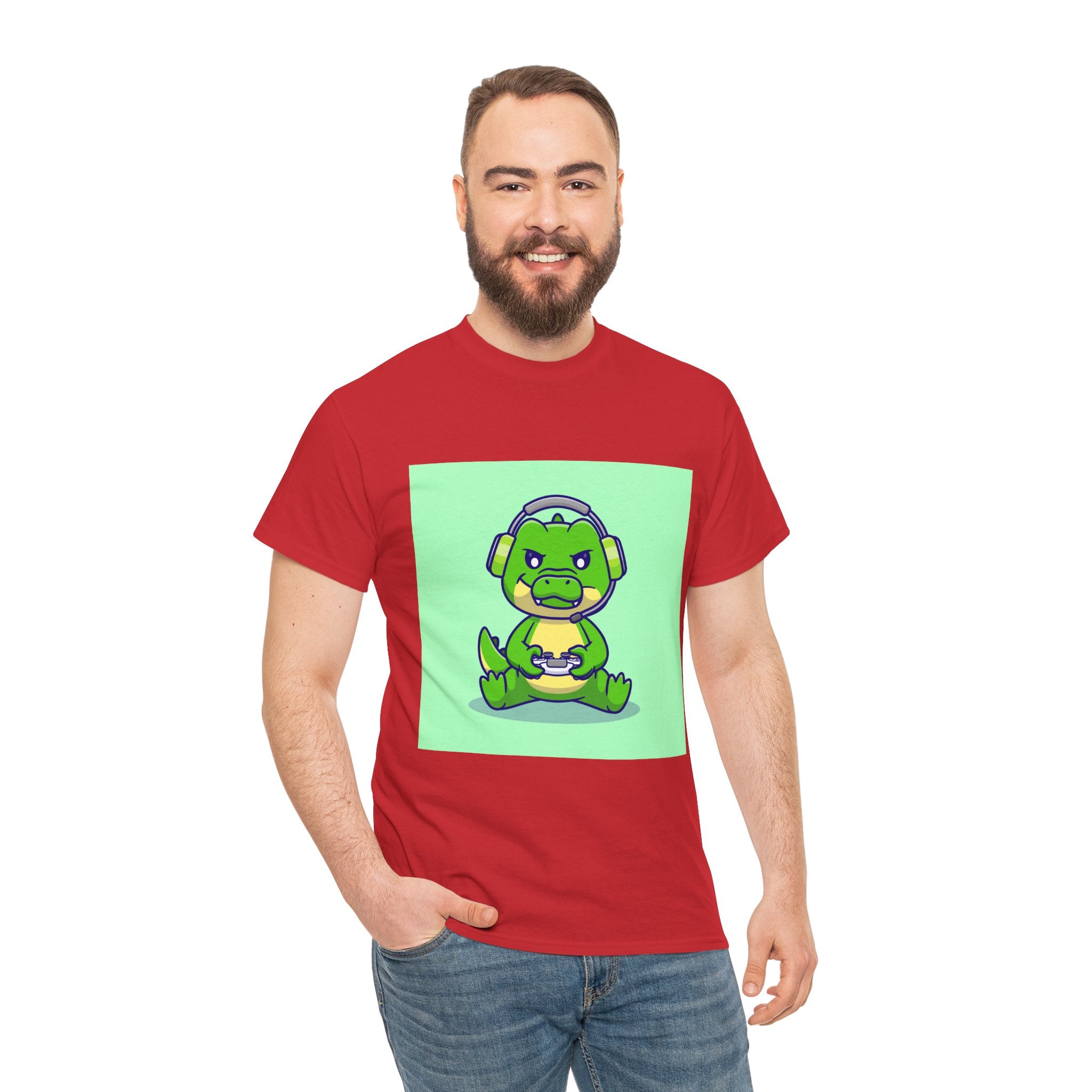 Cute Gamer Dinosaur Unisex Heavy Cotton Tee, Gaming Shirt, Funny Tee, Gift for Gamers, Cartoon T-Shirt, Casual Wear