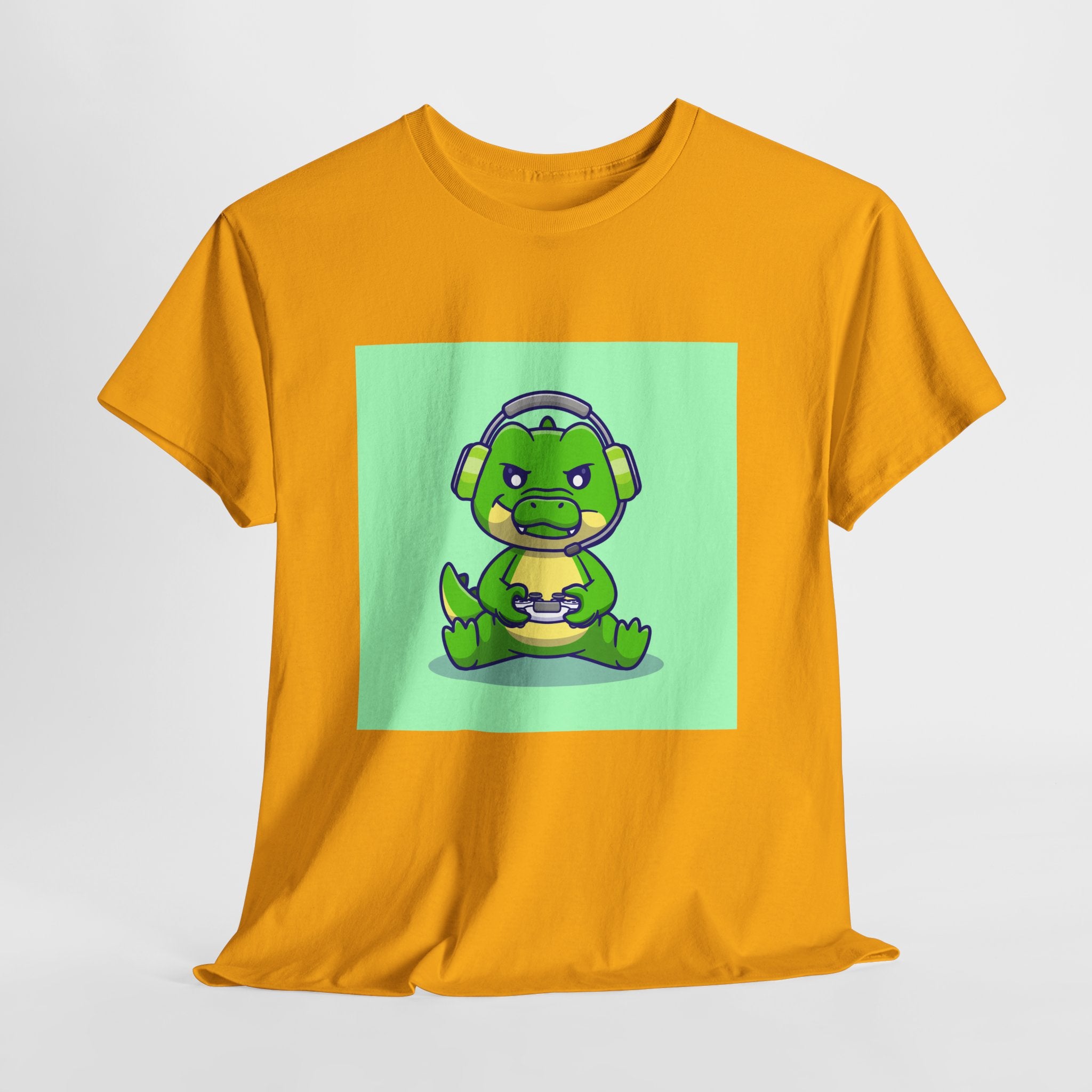 Cute Gamer Dinosaur Unisex Heavy Cotton Tee, Gaming Shirt, Funny Tee, Gift for Gamers, Cartoon T-Shirt, Casual Wear