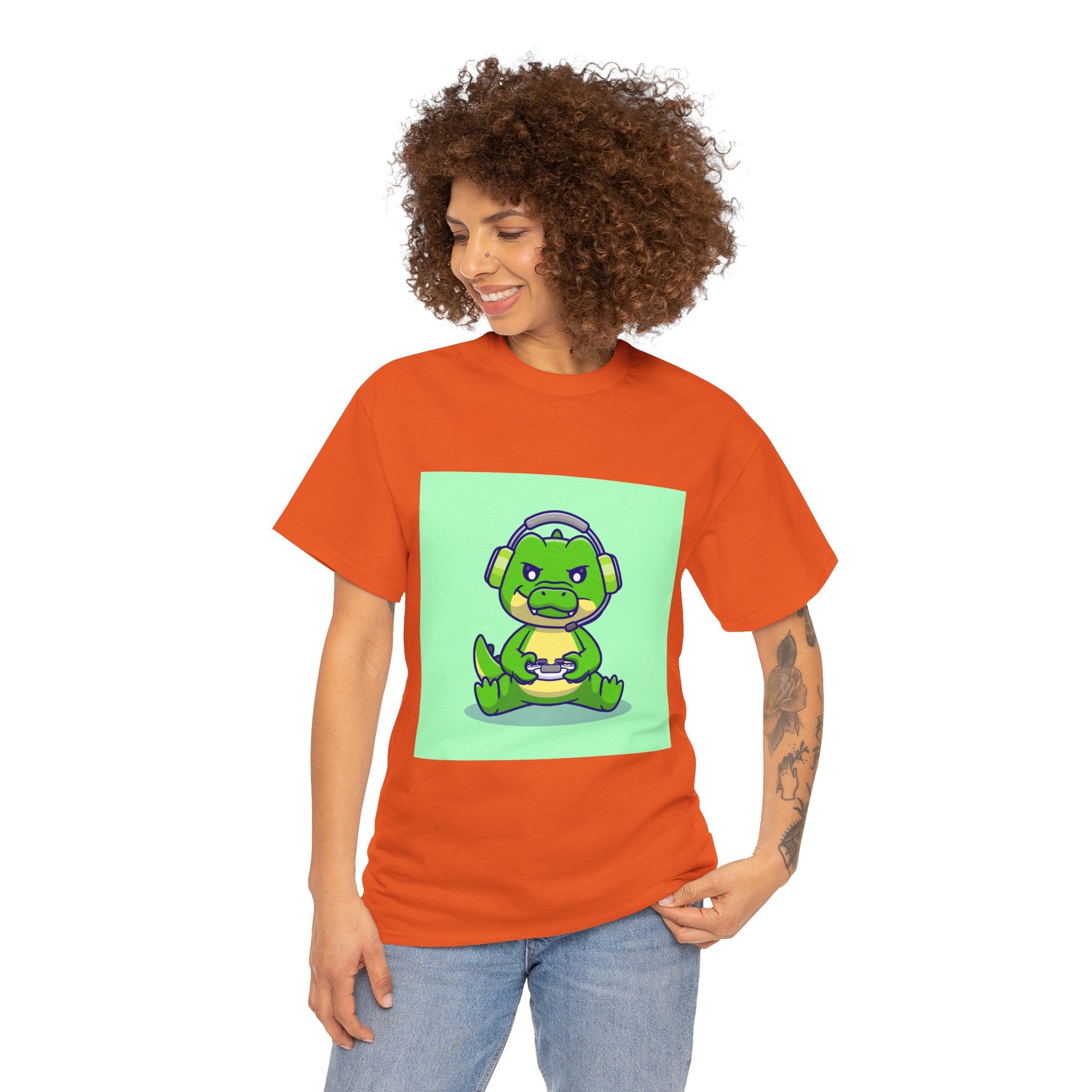 Cute Gamer Dinosaur Unisex Heavy Cotton Tee, Gaming Shirt, Funny Tee, Gift for Gamers, Cartoon T-Shirt, Casual Wear