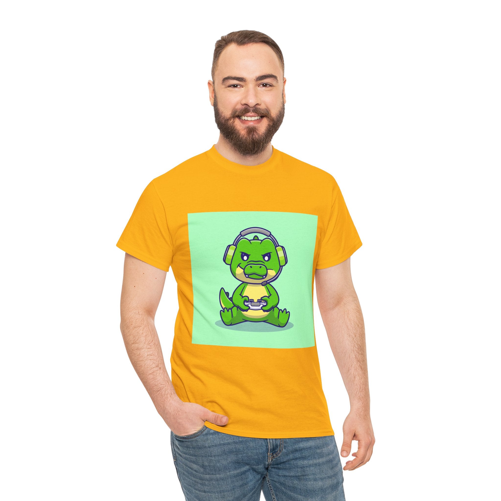 Cute Gamer Dinosaur Unisex Heavy Cotton Tee, Gaming Shirt, Funny Tee, Gift for Gamers, Cartoon T-Shirt, Casual Wear