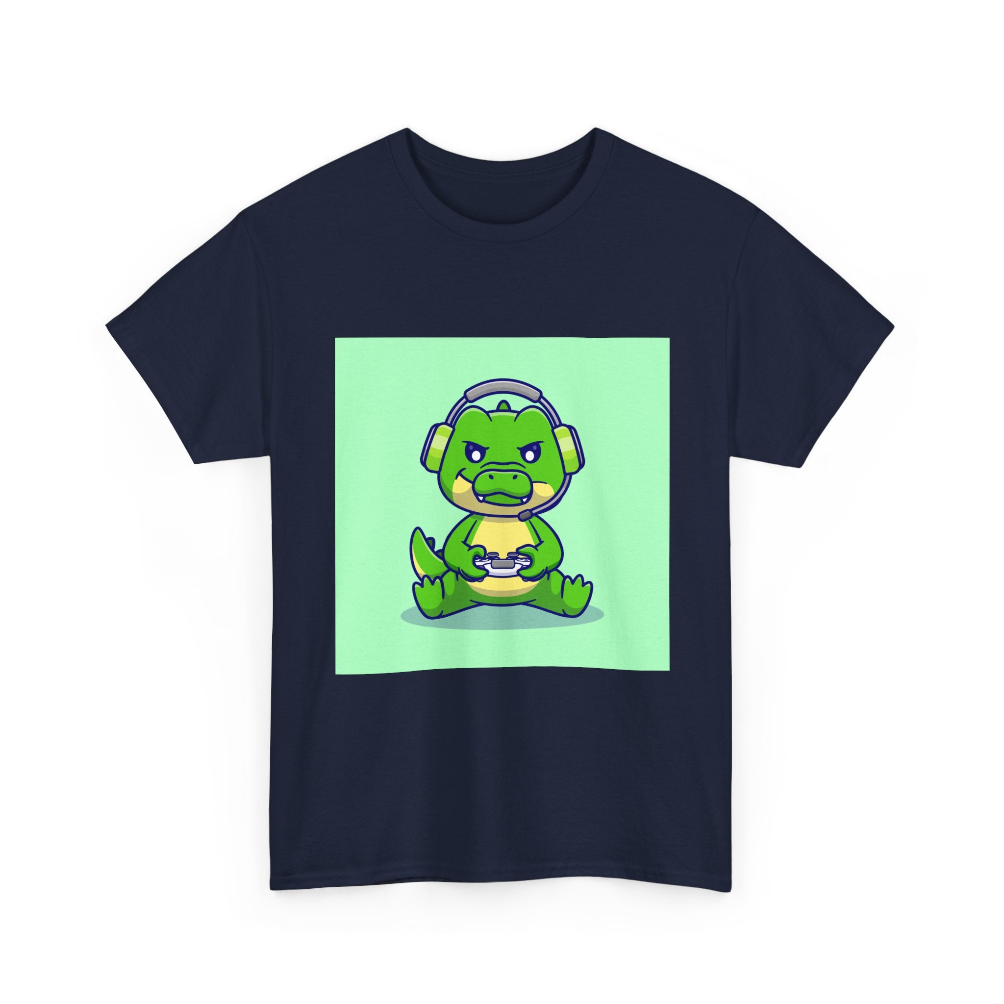 Cute Gamer Dinosaur Unisex Heavy Cotton Tee, Gaming Shirt, Funny Tee, Gift for Gamers, Cartoon T-Shirt, Casual Wear