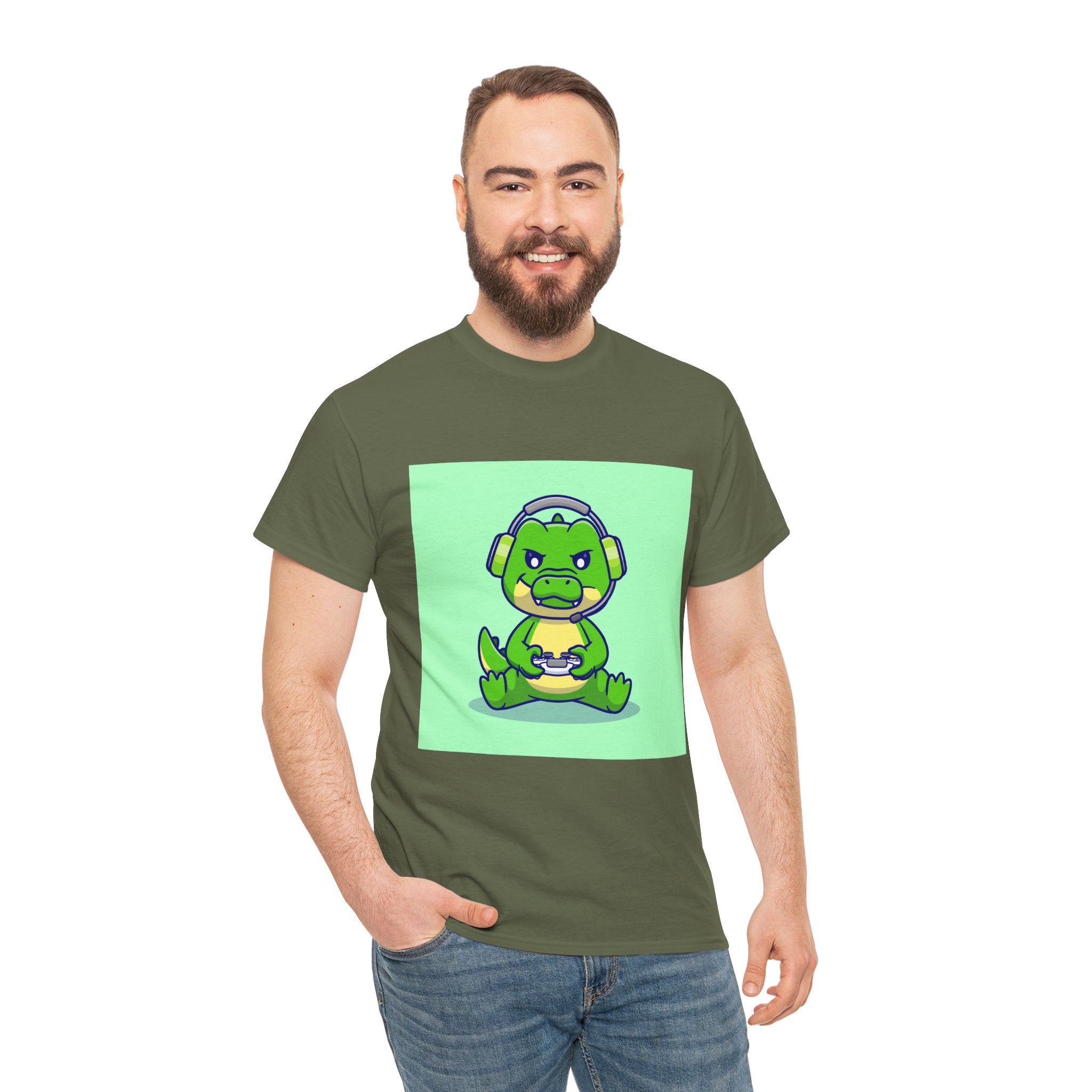 Cute Gamer Dinosaur Unisex Heavy Cotton Tee, Gaming Shirt, Funny Tee, Gift for Gamers, Cartoon T-Shirt, Casual Wear