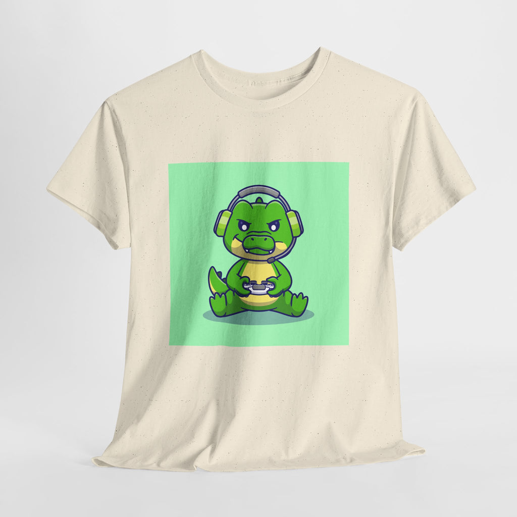 Cute Gamer Dinosaur Unisex Heavy Cotton Tee, Gaming Shirt, Funny Tee, Gift for Gamers, Cartoon T-Shirt, Casual Wear