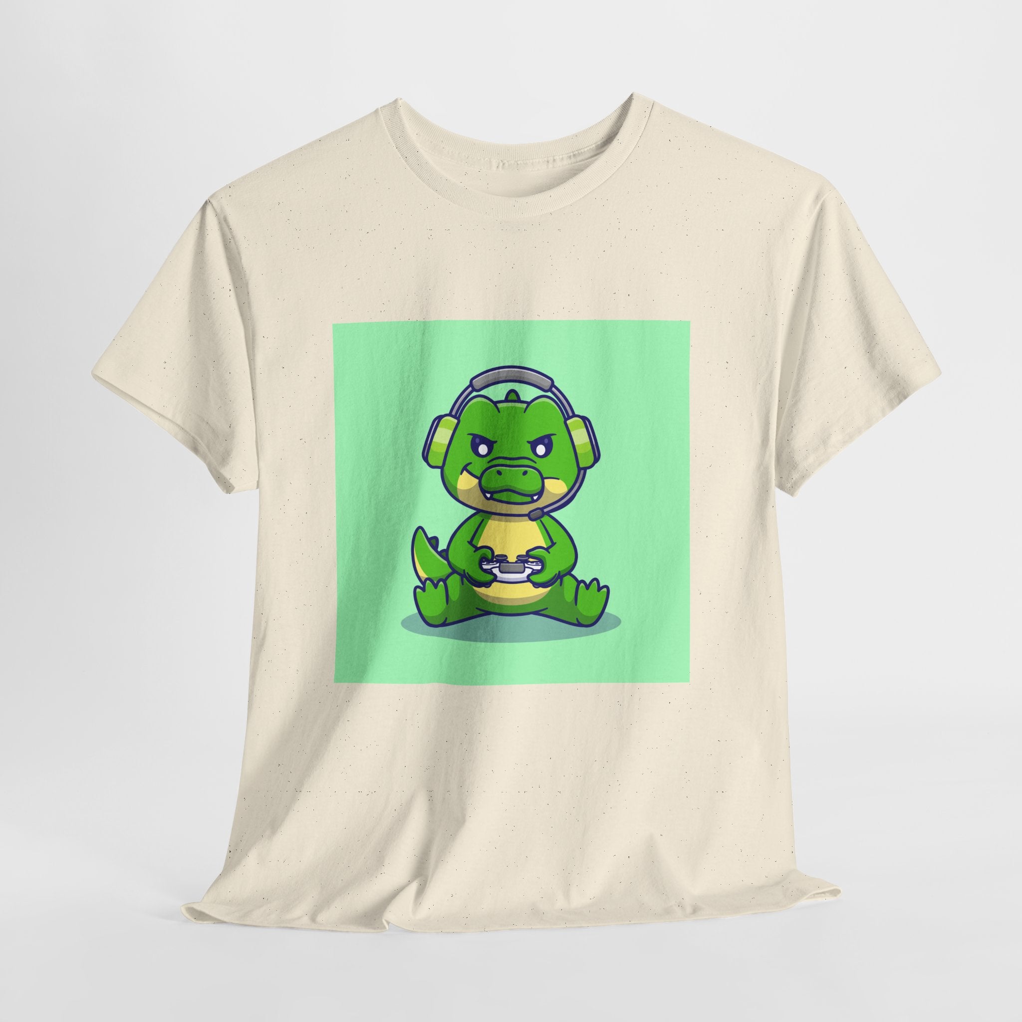 Cute Gamer Dinosaur Unisex Heavy Cotton Tee, Gaming Shirt, Funny Tee, Gift for Gamers, Cartoon T-Shirt, Casual Wear