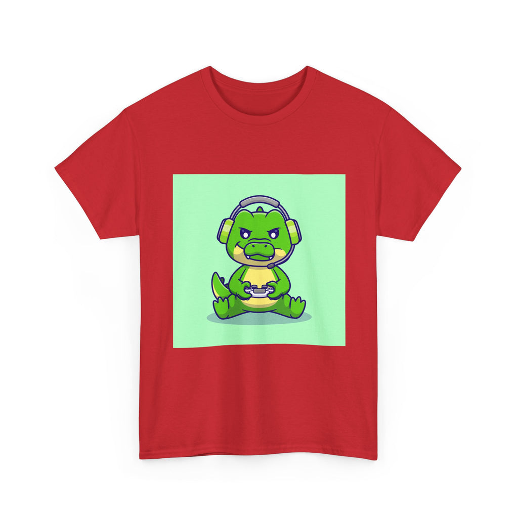 Cute Gamer Dinosaur Unisex Heavy Cotton Tee, Gaming Shirt, Funny Tee, Gift for Gamers, Cartoon T-Shirt, Casual Wear
