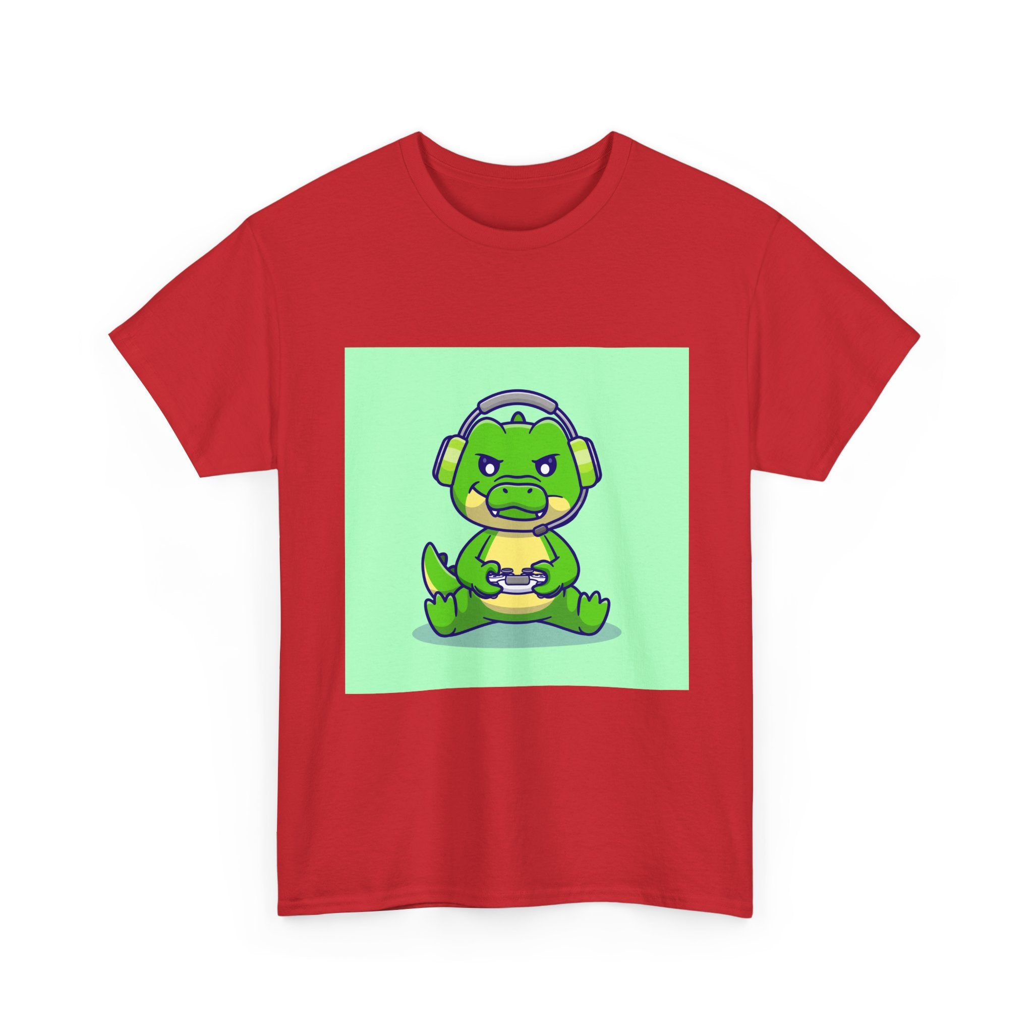 Cute Gamer Dinosaur Unisex Heavy Cotton Tee, Gaming Shirt, Funny Tee, Gift for Gamers, Cartoon T-Shirt, Casual Wear