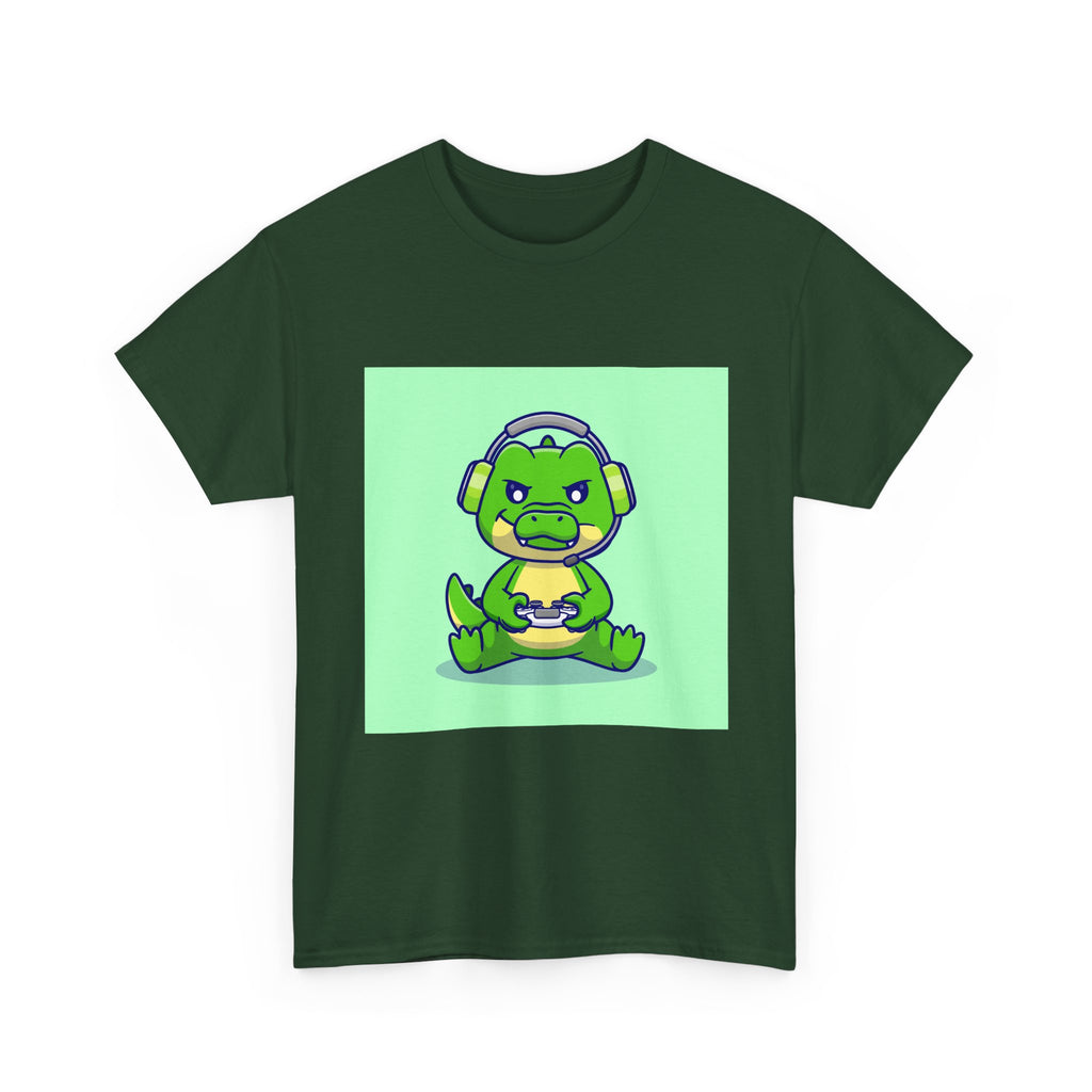 Cute Gamer Dinosaur Unisex Heavy Cotton Tee, Gaming Shirt, Funny Tee, Gift for Gamers, Cartoon T-Shirt, Casual Wear