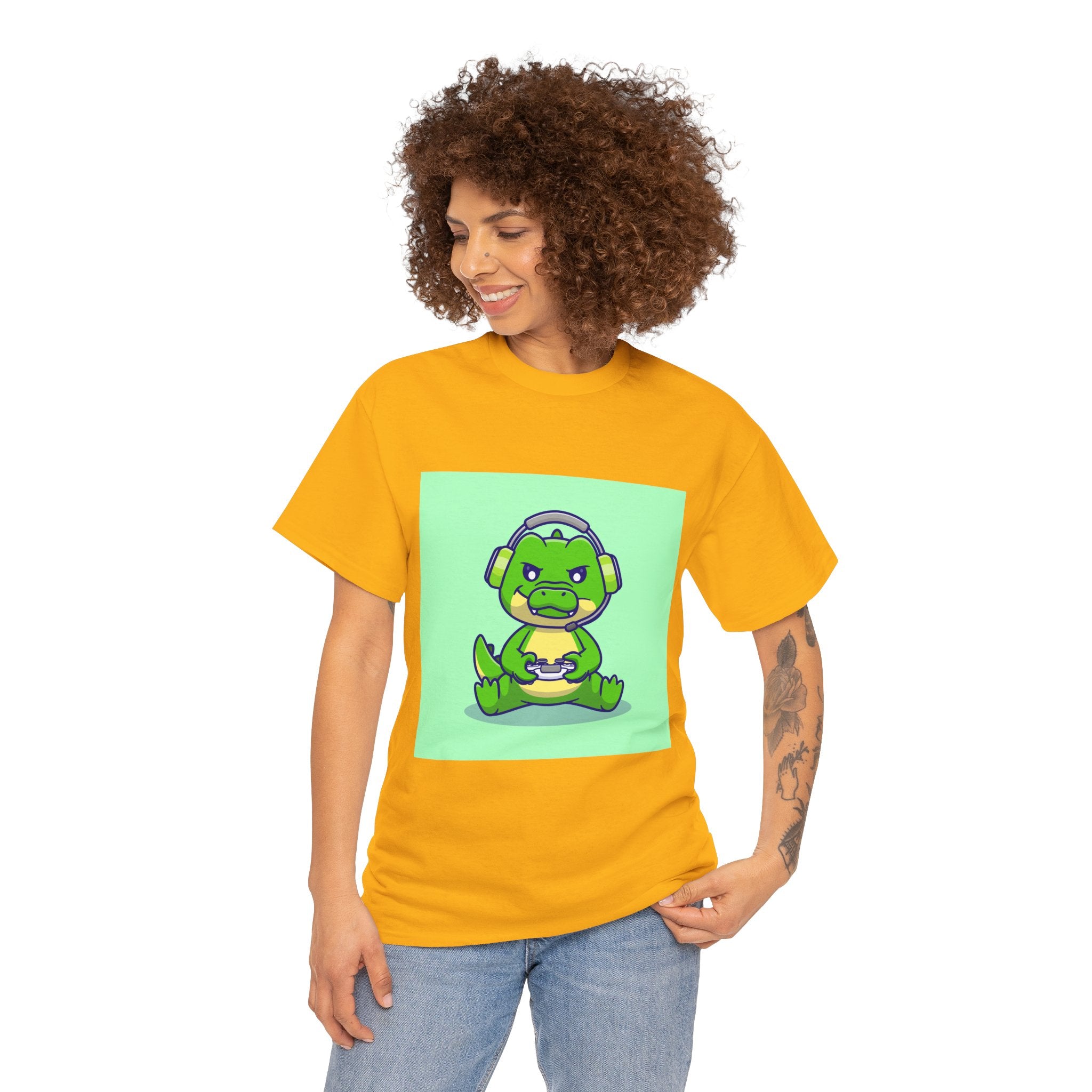 Cute Gamer Dinosaur Unisex Heavy Cotton Tee, Gaming Shirt, Funny Tee, Gift for Gamers, Cartoon T-Shirt, Casual Wear