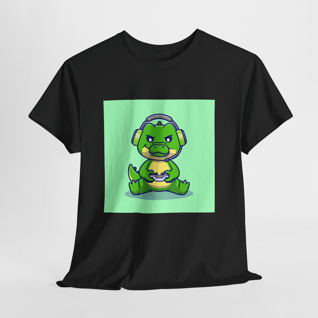 Cute Gamer Dinosaur Unisex Heavy Cotton Tee, Gaming Shirt, Funny Tee, Gift for Gamers, Cartoon T-Shirt, Casual Wear