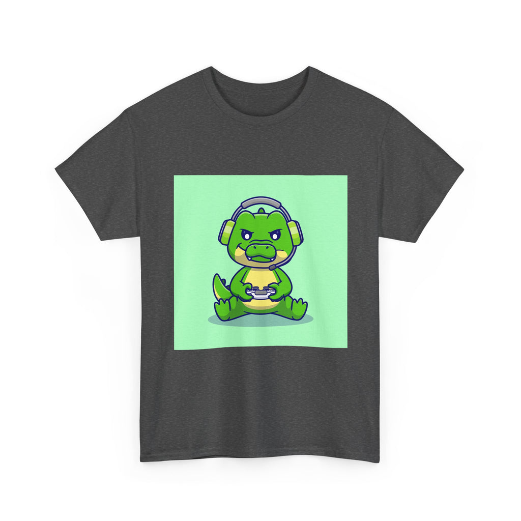 Cute Gamer Dinosaur Unisex Heavy Cotton Tee, Gaming Shirt, Funny Tee, Gift for Gamers, Cartoon T-Shirt, Casual Wear