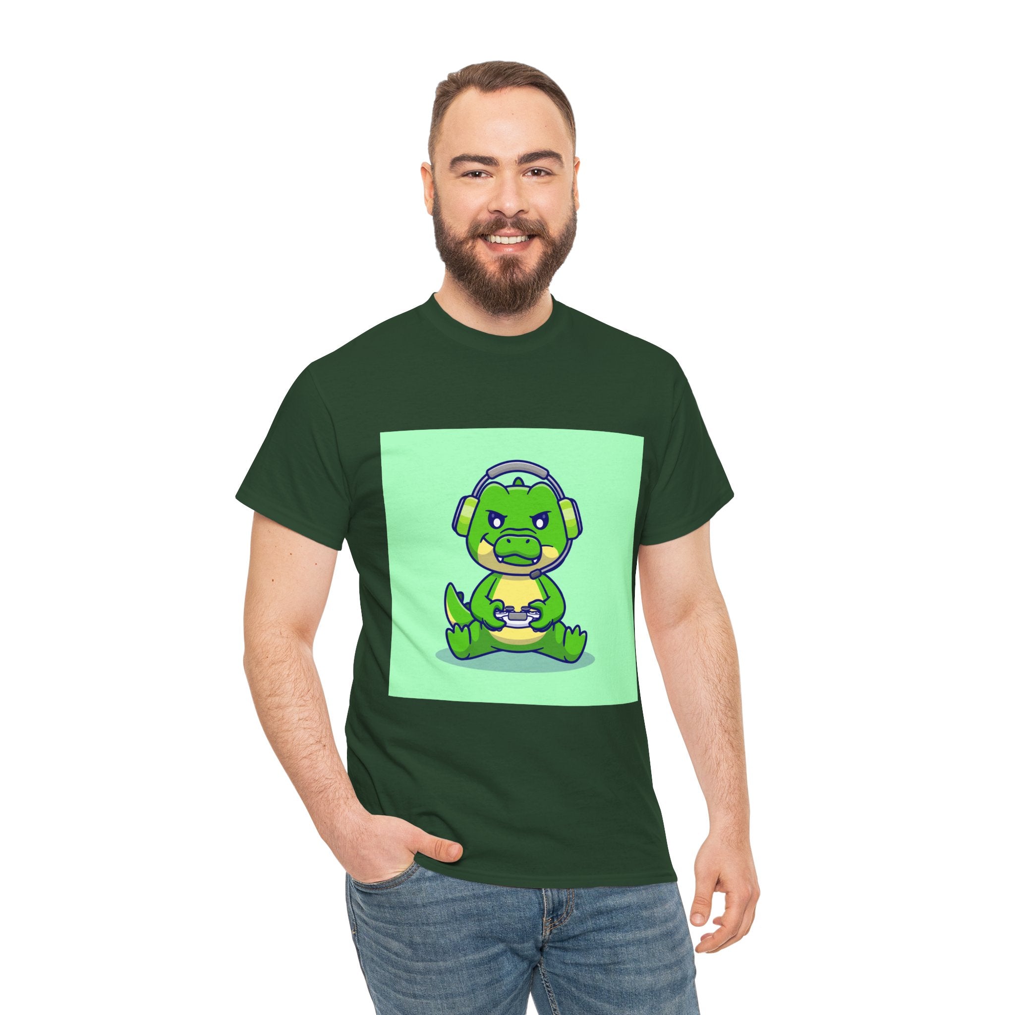 Cute Gamer Dinosaur Unisex Heavy Cotton Tee, Gaming Shirt, Funny Tee, Gift for Gamers, Cartoon T-Shirt, Casual Wear
