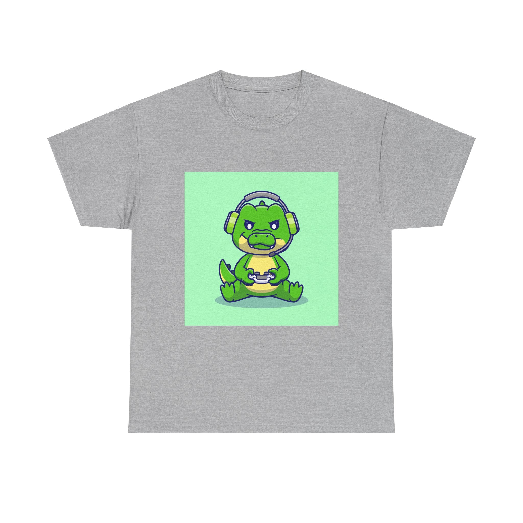 Cute Gamer Dinosaur Unisex Heavy Cotton Tee, Gaming Shirt, Funny Tee, Gift for Gamers, Cartoon T-Shirt, Casual Wear