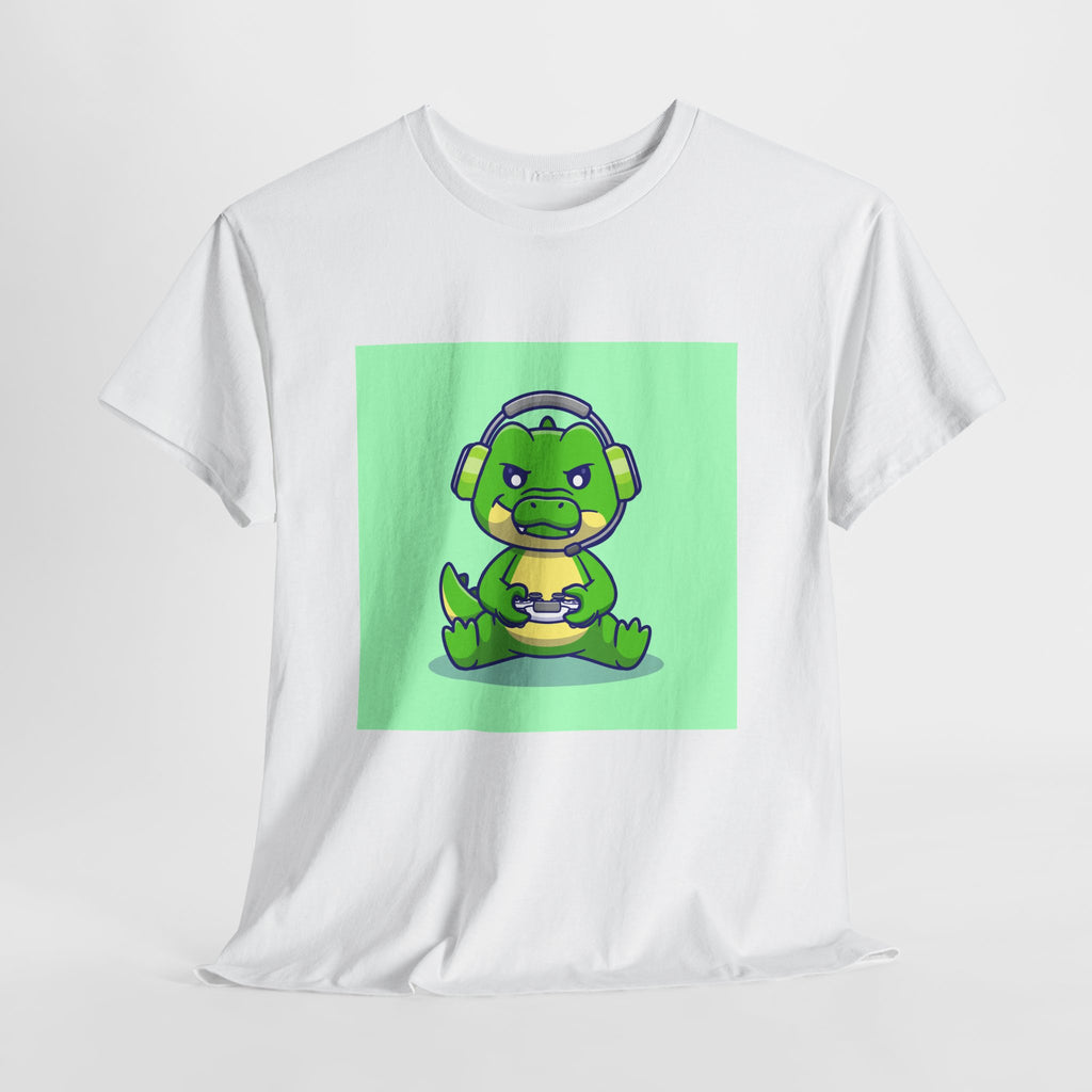 Cute Gamer Dinosaur Unisex Heavy Cotton Tee, Gaming Shirt, Funny Tee, Gift for Gamers, Cartoon T-Shirt, Casual Wear