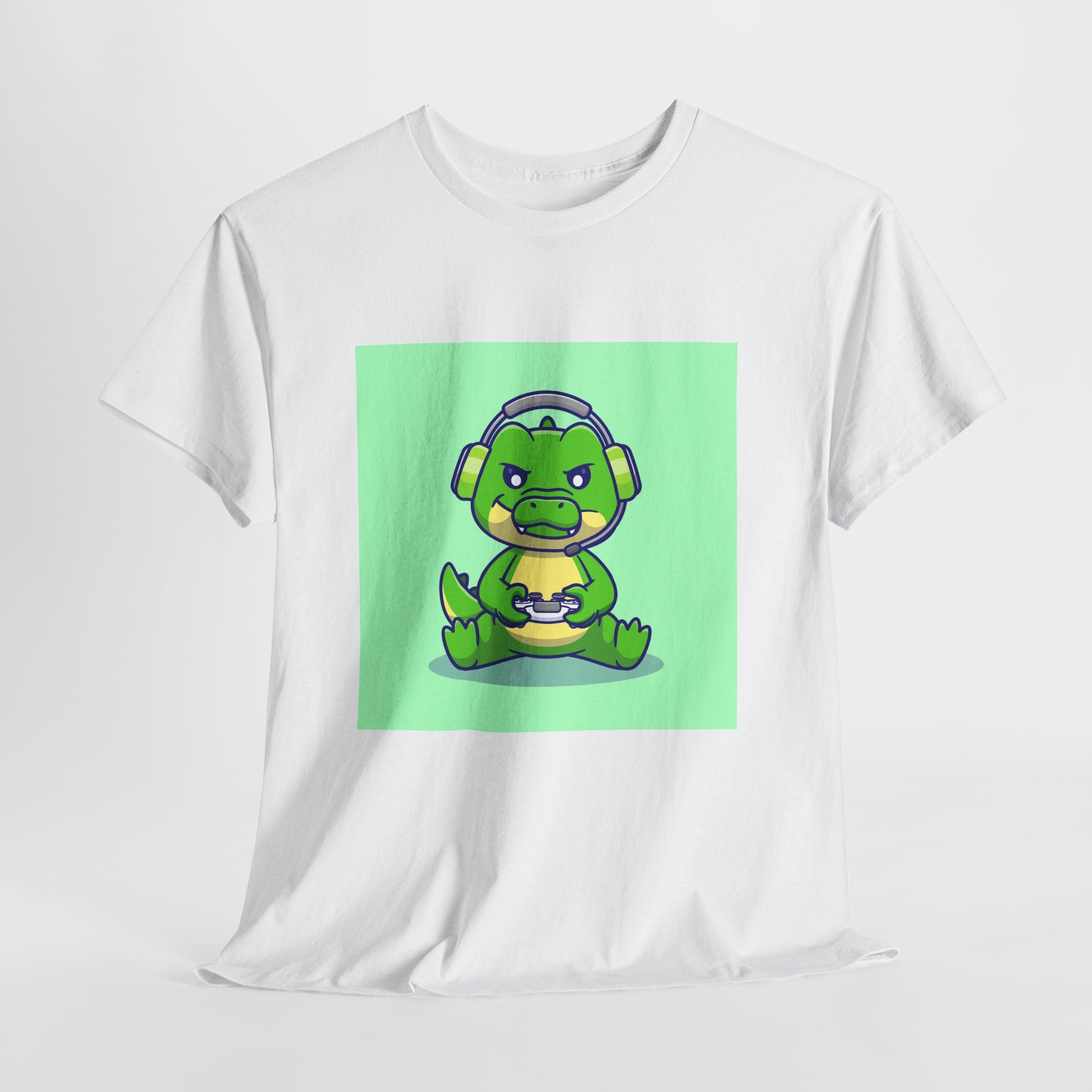 Cute Gamer Dinosaur Unisex Heavy Cotton Tee, Gaming Shirt, Funny Tee, Gift for Gamers, Cartoon T-Shirt, Casual Wear