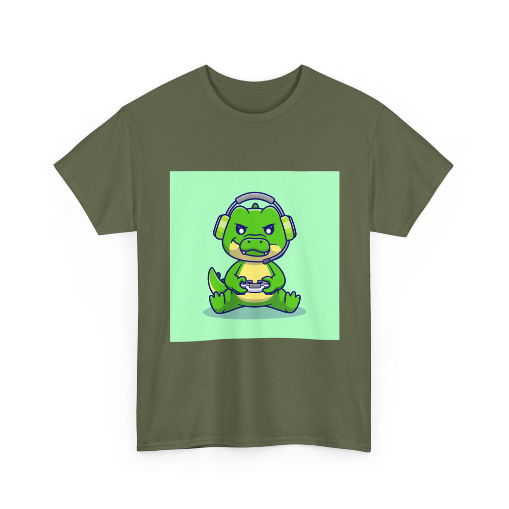 Cute Gamer Dinosaur Unisex Heavy Cotton Tee, Gaming Shirt, Funny Tee, Gift for Gamers, Cartoon T-Shirt, Casual Wear