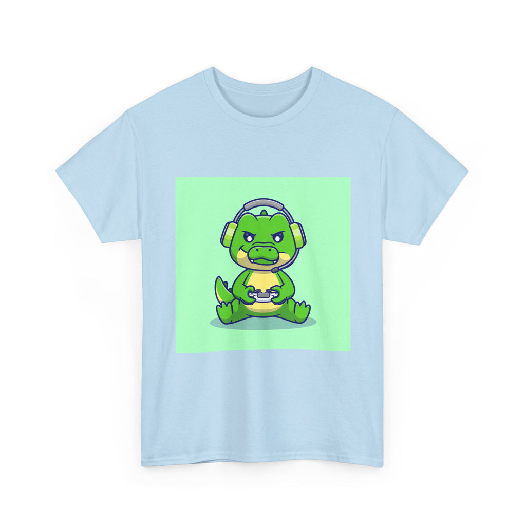 Cute Gamer Dinosaur Unisex Heavy Cotton Tee, Gaming Shirt, Funny Tee, Gift for Gamers, Cartoon T-Shirt, Casual Wear