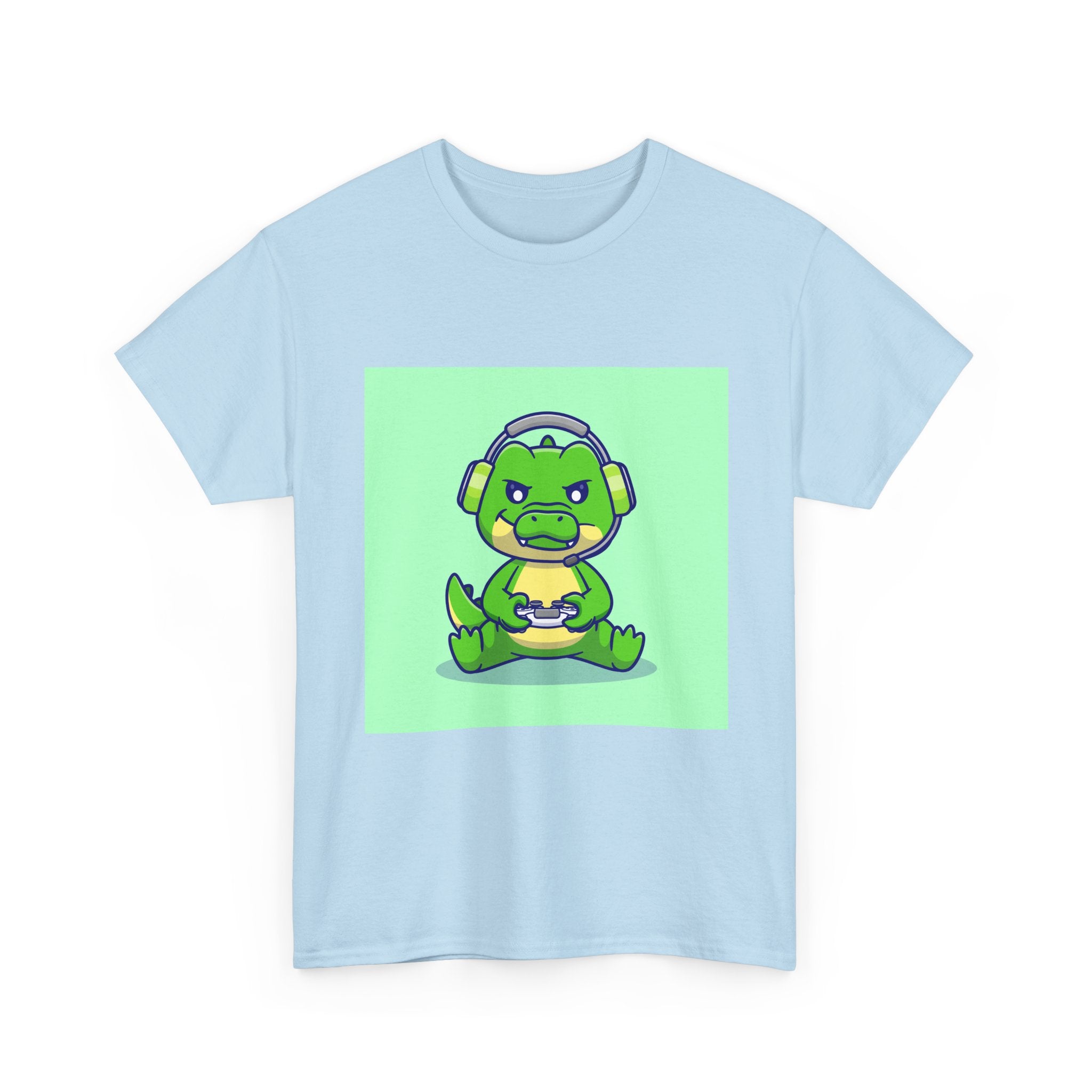 Cute Gamer Dinosaur Unisex Heavy Cotton Tee, Gaming Shirt, Funny Tee, Gift for Gamers, Cartoon T-Shirt, Casual Wear