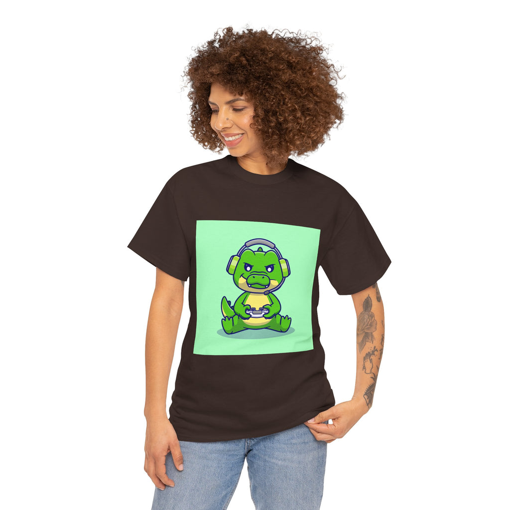 Cute Gamer Dinosaur Unisex Heavy Cotton Tee, Gaming Shirt, Funny Tee, Gift for Gamers, Cartoon T-Shirt, Casual Wear