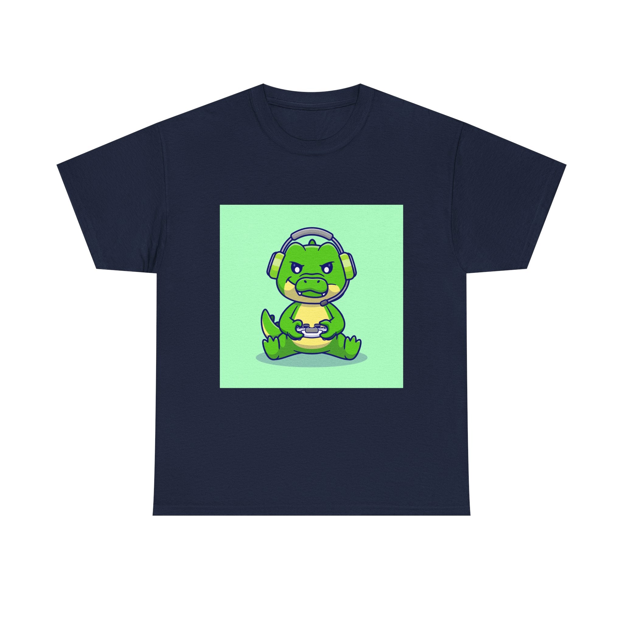 Cute Gamer Dinosaur Unisex Heavy Cotton Tee, Gaming Shirt, Funny Tee, Gift for Gamers, Cartoon T-Shirt, Casual Wear