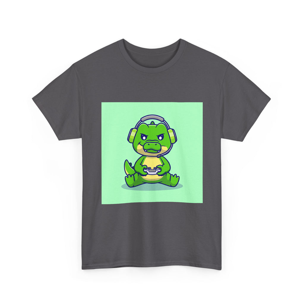 Cute Gamer Dinosaur Unisex Heavy Cotton Tee, Gaming Shirt, Funny Tee, Gift for Gamers, Cartoon T-Shirt, Casual Wear