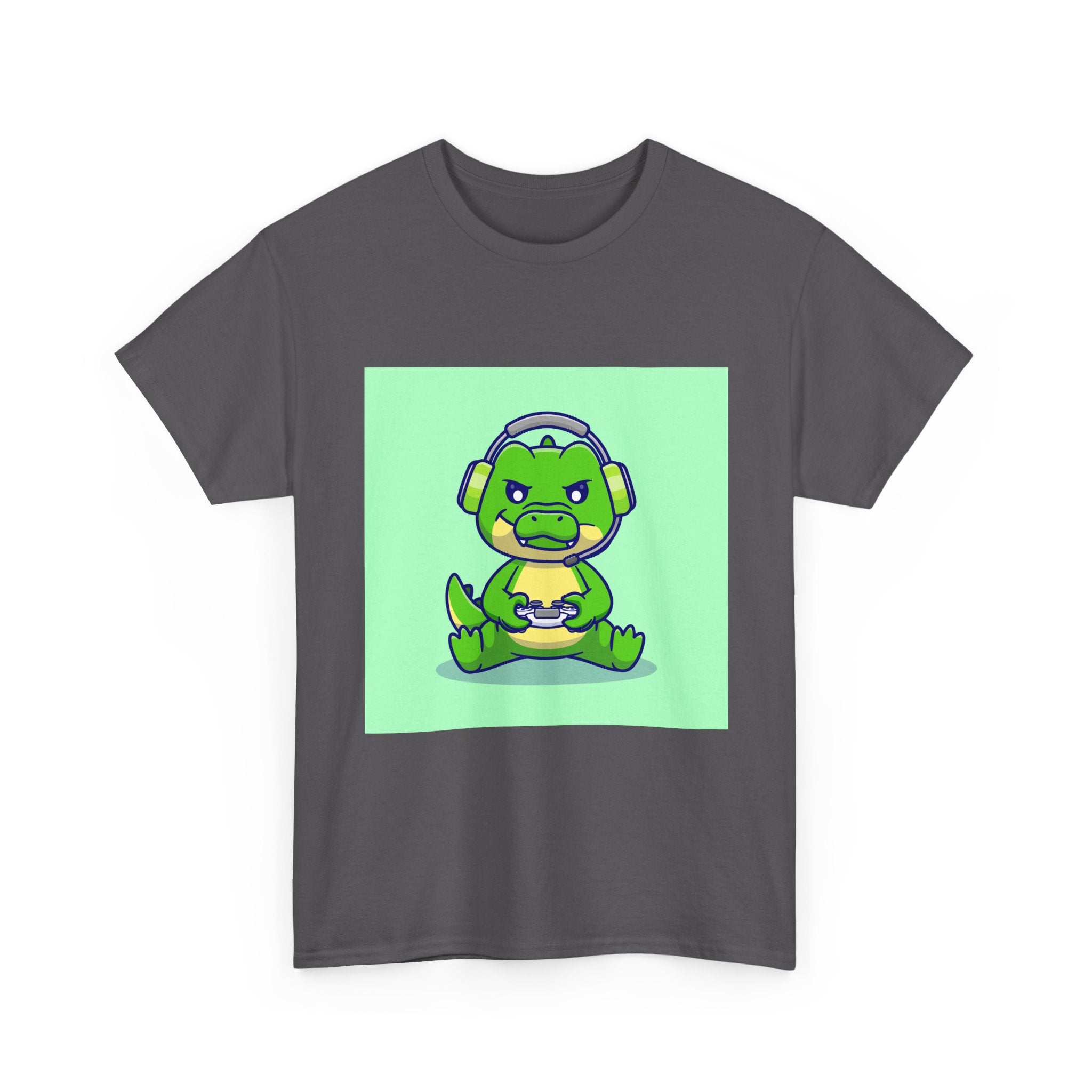 Cute Gamer Dinosaur Unisex Heavy Cotton Tee, Gaming Shirt, Funny Tee, Gift for Gamers, Cartoon T-Shirt, Casual Wear