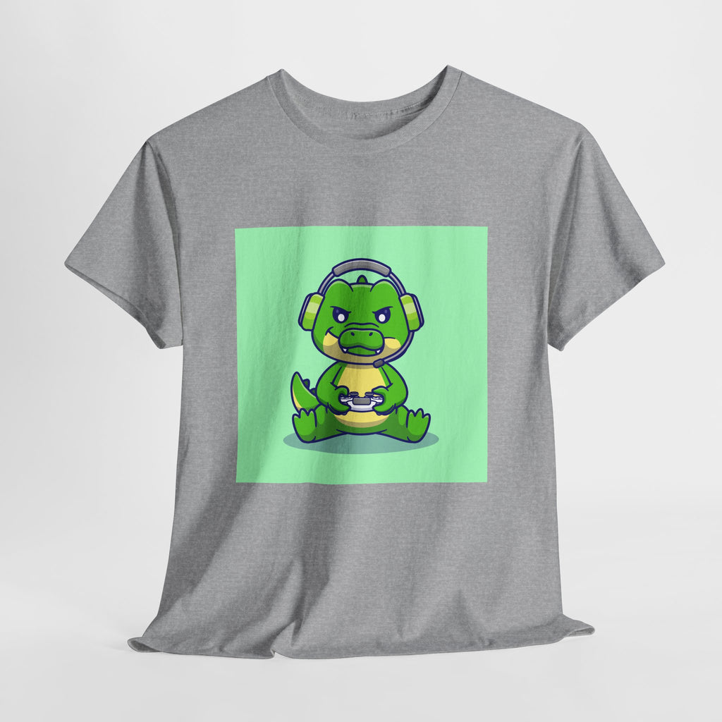 Cute Gamer Dinosaur Unisex Heavy Cotton Tee, Gaming Shirt, Funny Tee, Gift for Gamers, Cartoon T-Shirt, Casual Wear