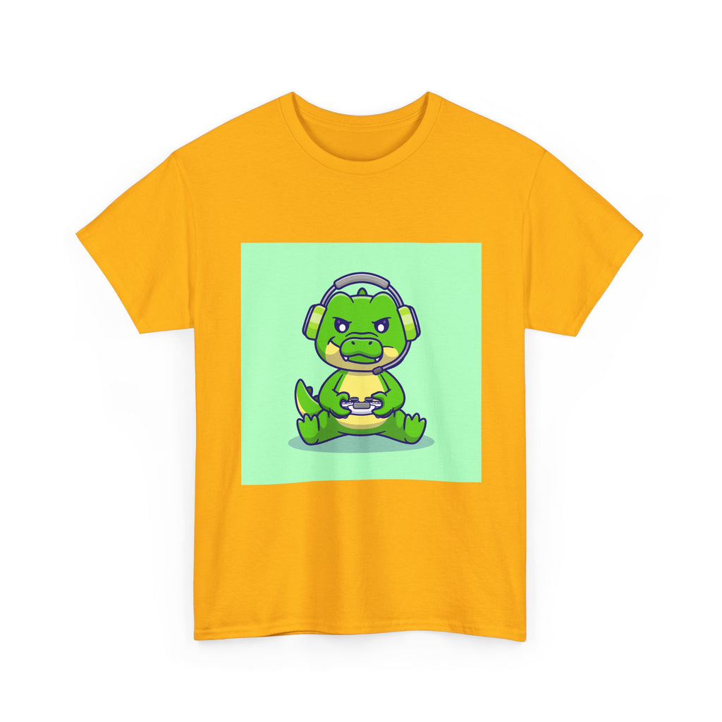 Cute Gamer Dinosaur Unisex Heavy Cotton Tee, Gaming Shirt, Funny Tee, Gift for Gamers, Cartoon T-Shirt, Casual Wear