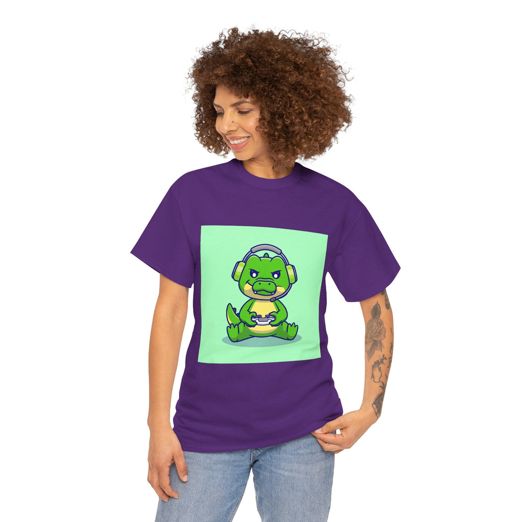Cute Gamer Dinosaur Unisex Heavy Cotton Tee, Gaming Shirt, Funny Tee, Gift for Gamers, Cartoon T-Shirt, Casual Wear