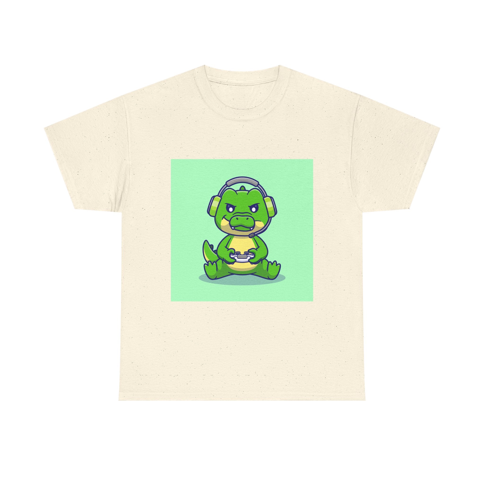 Cute Gamer Dinosaur Unisex Heavy Cotton Tee, Gaming Shirt, Funny Tee, Gift for Gamers, Cartoon T-Shirt, Casual Wear