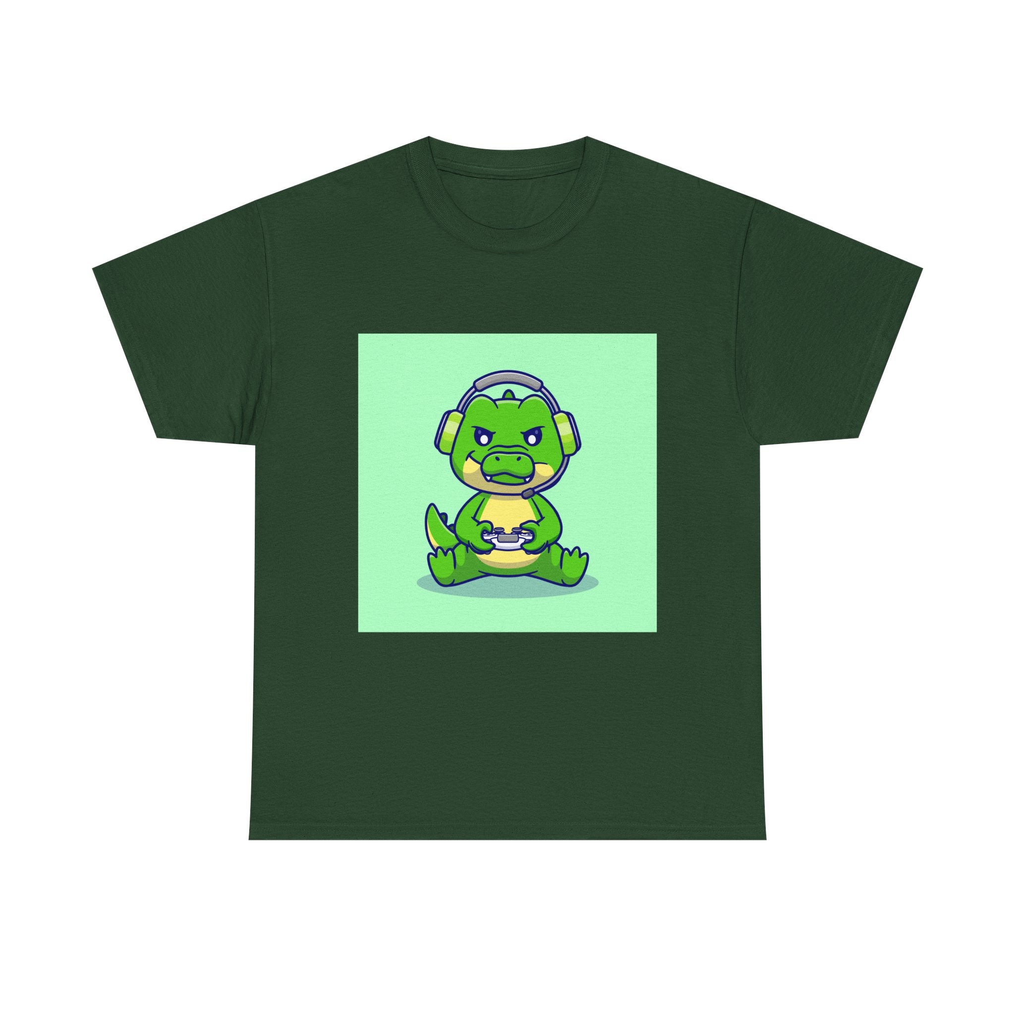 Cute Gamer Dinosaur Unisex Heavy Cotton Tee, Gaming Shirt, Funny Tee, Gift for Gamers, Cartoon T-Shirt, Casual Wear