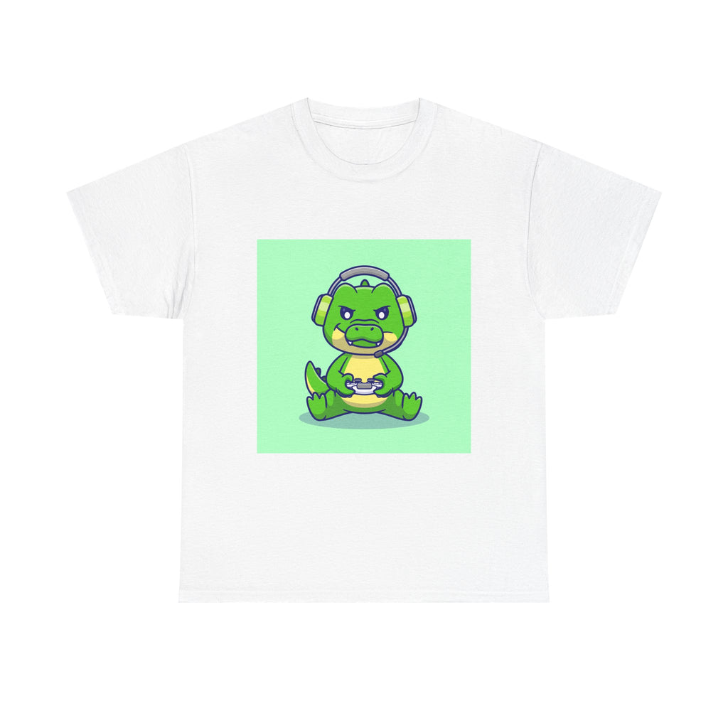 Cute Gamer Dinosaur Unisex Heavy Cotton Tee, Gaming Shirt, Funny Tee, Gift for Gamers, Cartoon T-Shirt, Casual Wear